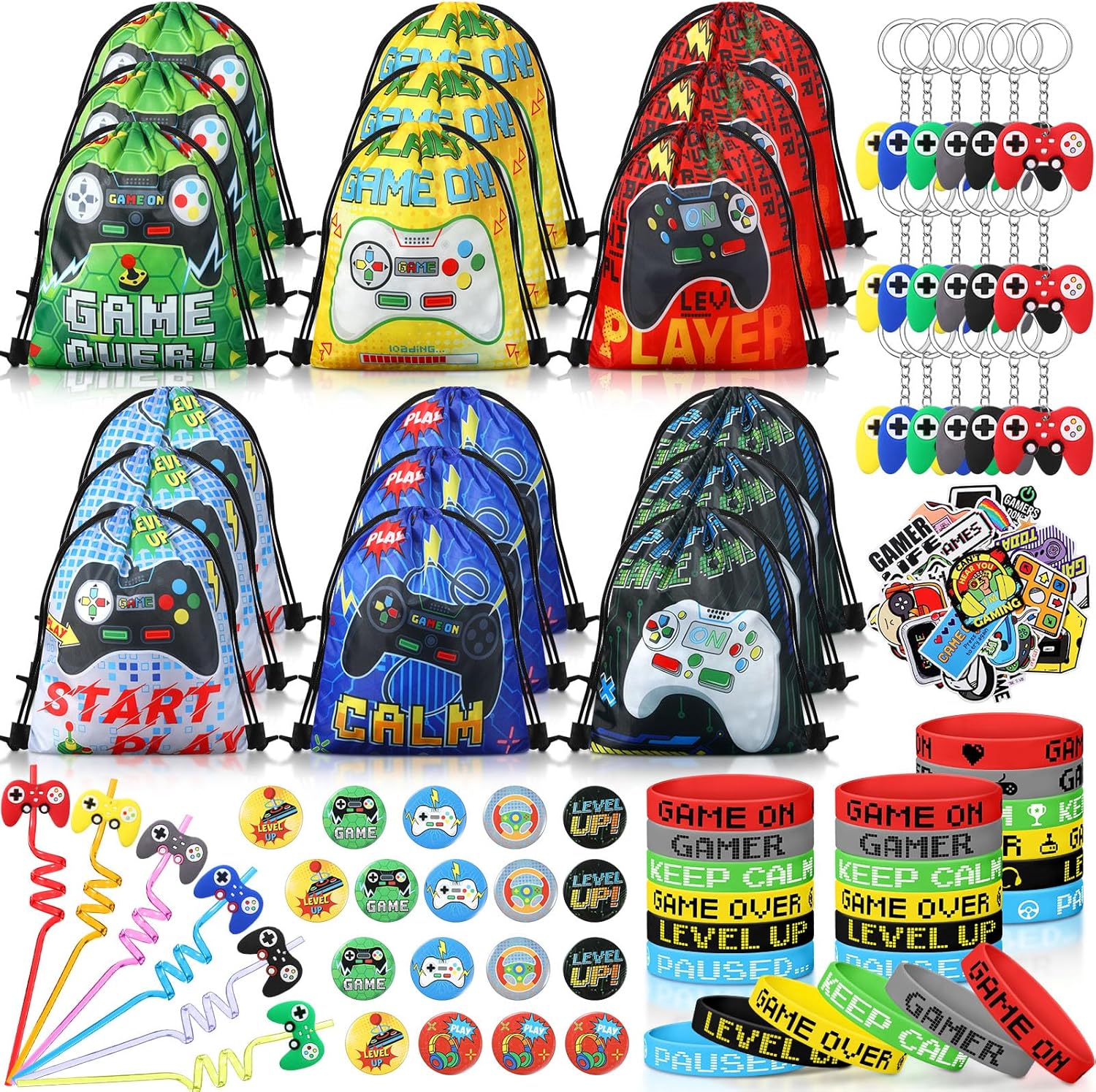 Sadnyy 140 piezas de regalos de fiesta de videojuegos, béisbol, fútbol, baloncesto, suministros para fiestas, bolsas con cordón con pulsera de