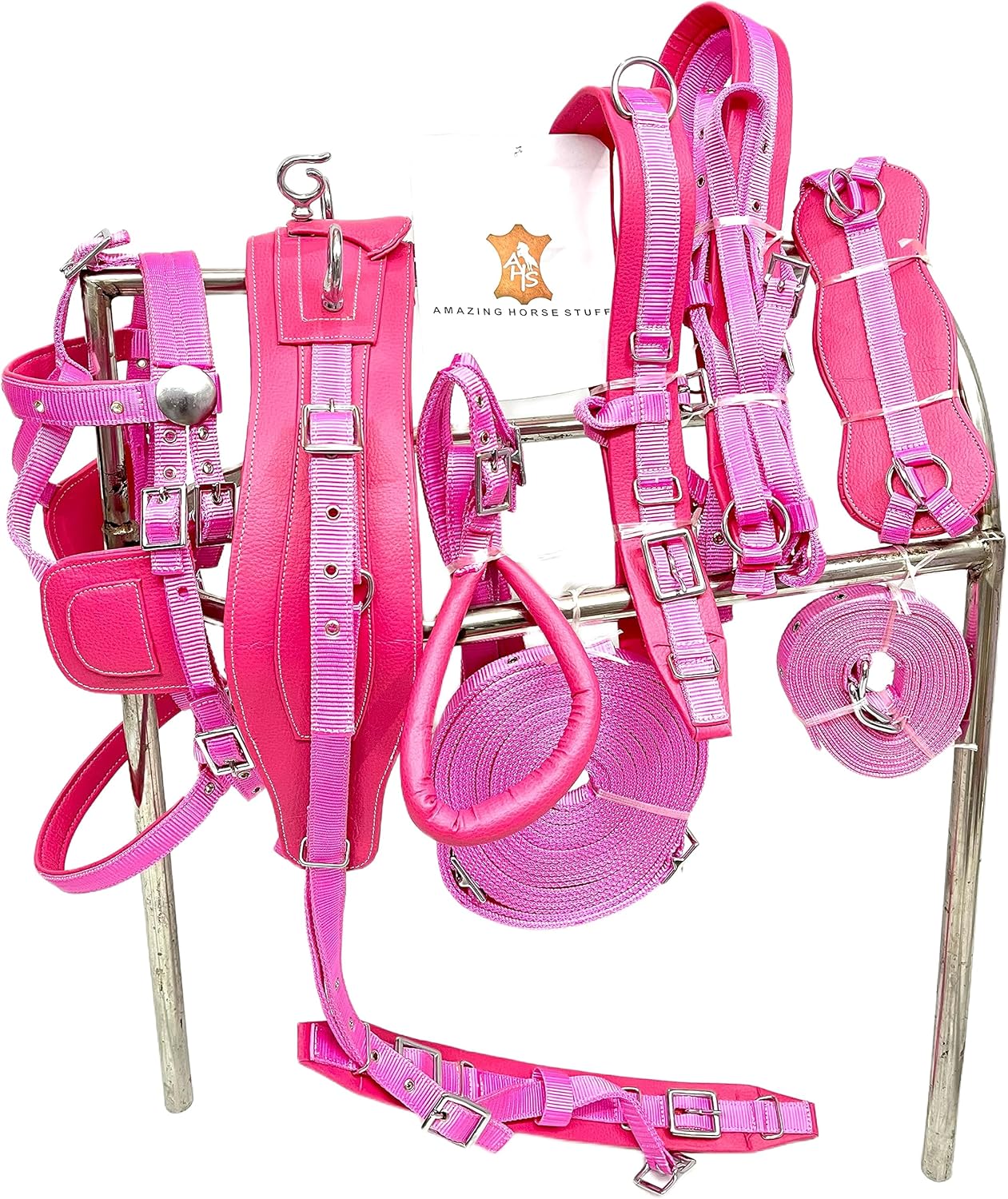 Arnés de conducción de nailon unisex en rosa para carro de caballo individual rosa (matrimonial)