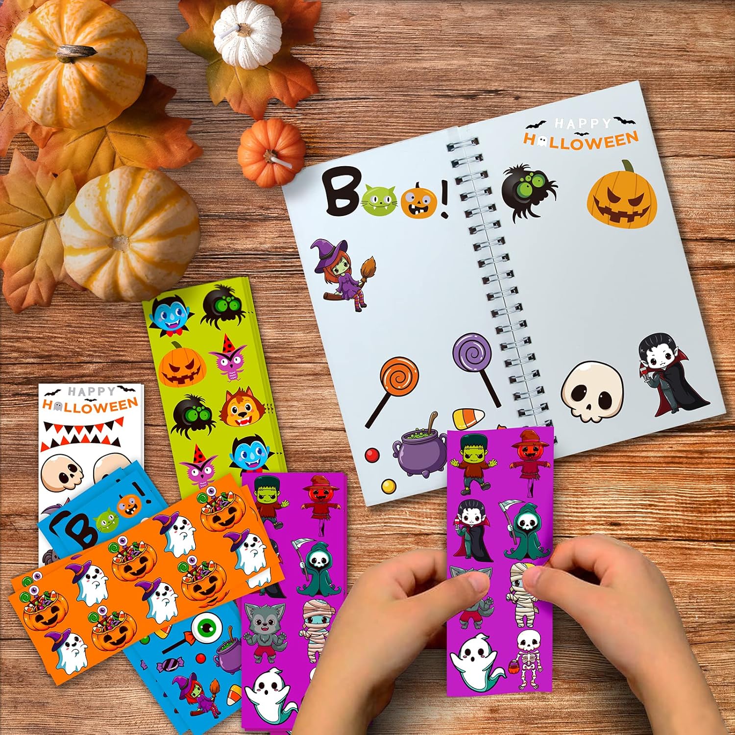 Irichna – 50 hojas de calcomanías de Halloween para niños mayores de 660 piezas, vinilo impermeable de Halloween, araña, murciélagos, calabaza,