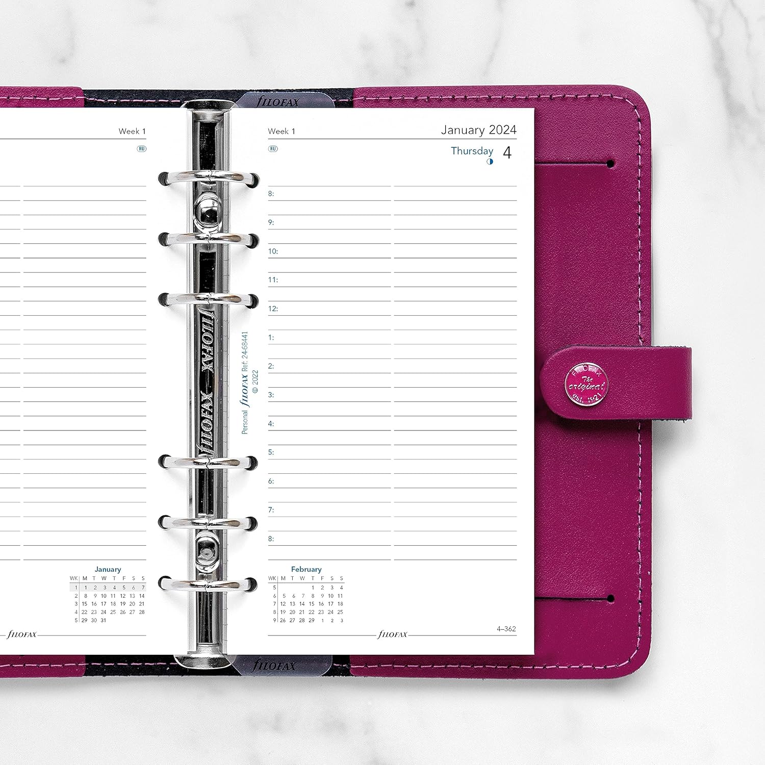 Filofax Calendario de recambio de diario, tamaño personalcompacto, día en una página con citas, a rayas, papel blanco, inglés, 2024 (C68441-24)