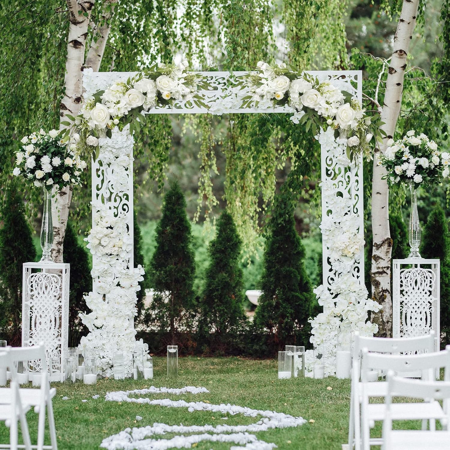 Arreglo floral de árbol artificial, diseño floral rústico, con diseño de arco para boda, recepción, decoración de mesa (blanco)