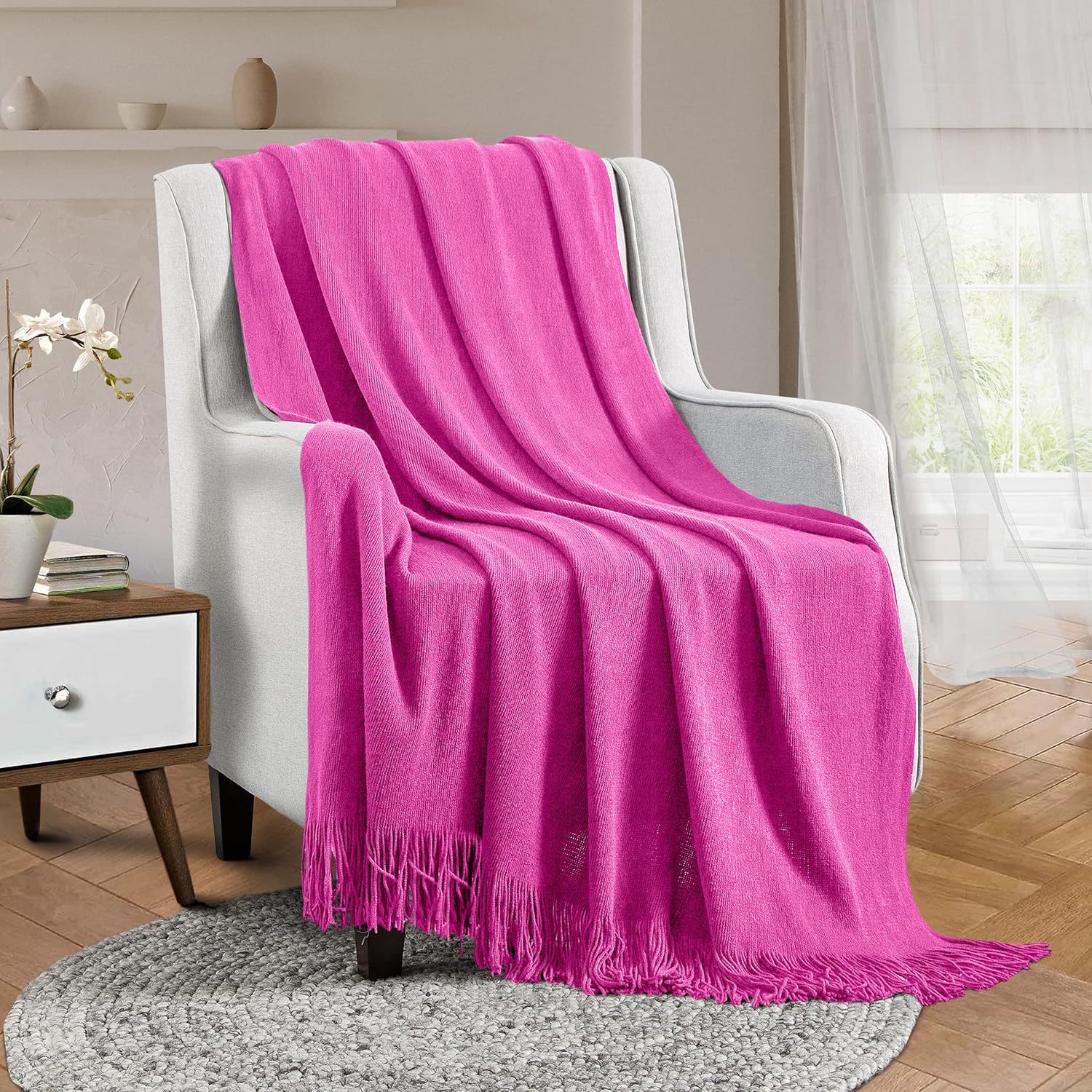 Vonty Manta de punto rosa intenso con borlas y flecos, 60 x 80 pulgadas, manta de punto súper suave, manta ligera decorativa de granja para sofá,