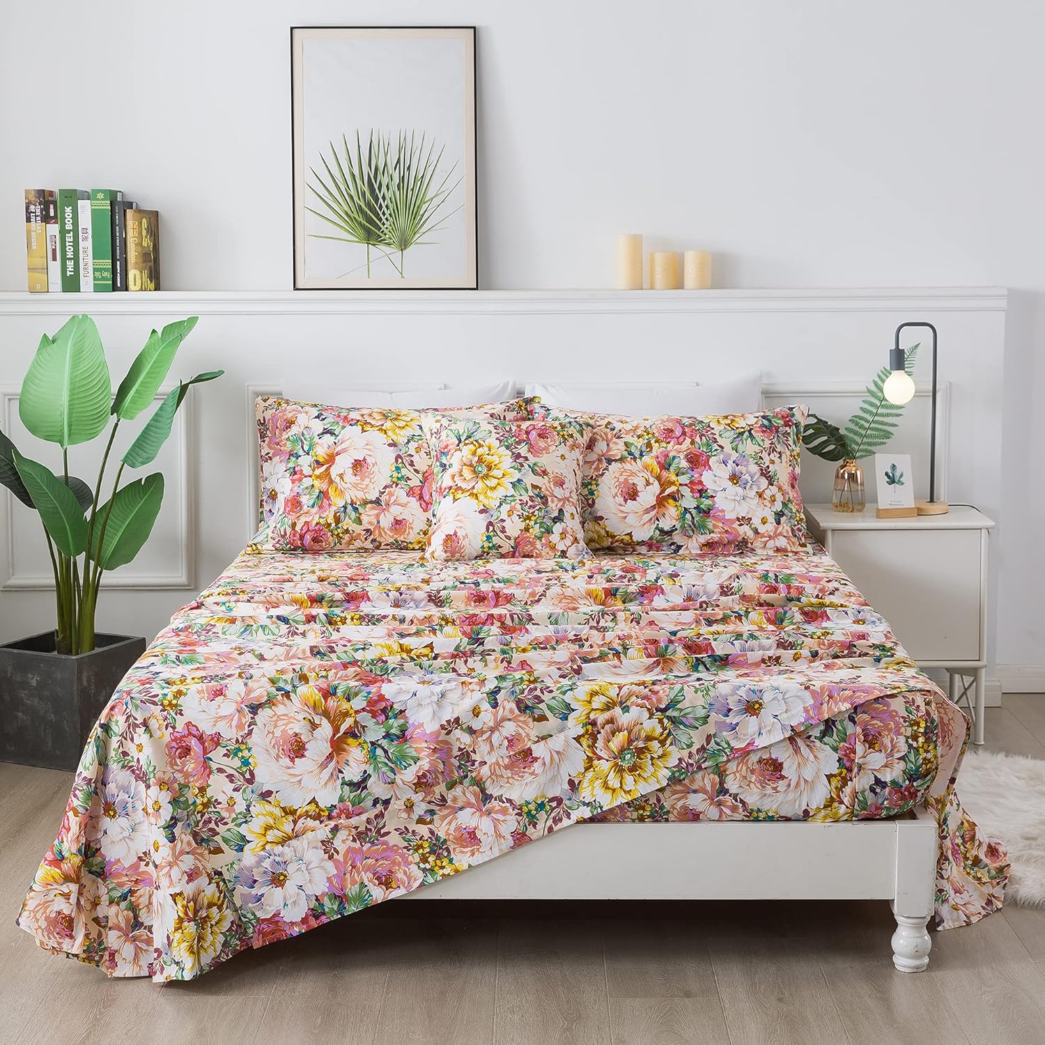 FADFAY Juego de sábanas vintage con diseño floral, tamaño matrimonial, 4 piezas, 100% algodón, suave, estilo francés, estilo rural, jardín, flores,