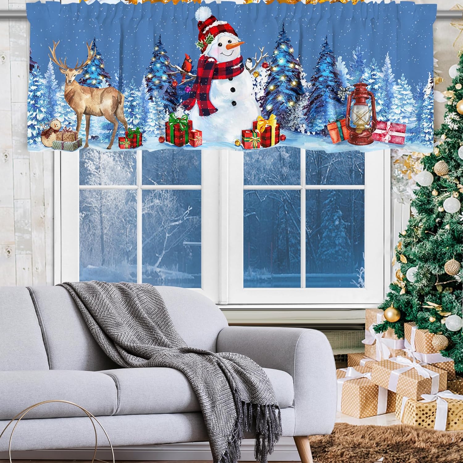 Cortina de cenefa de Navidad de muñeco de nieve para cocina, 18 x 54 pulgadas, decoración de ventana de cocina, cenefas de invierno de ciervos para