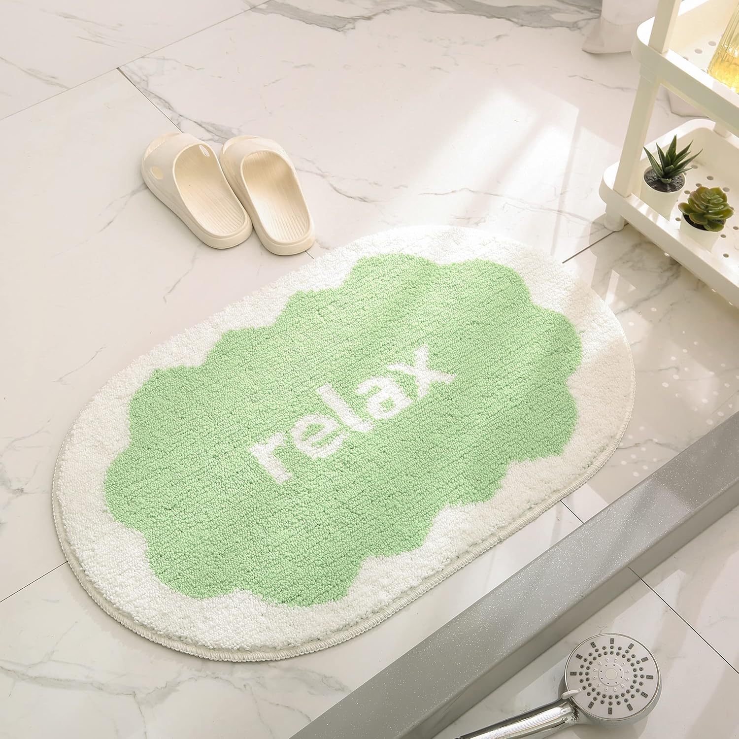 ERRLANER Alfombra de baño ovalada antideslizante con letras divertidas para relajarse, alfombra de baño de microfibra para inodorobañera