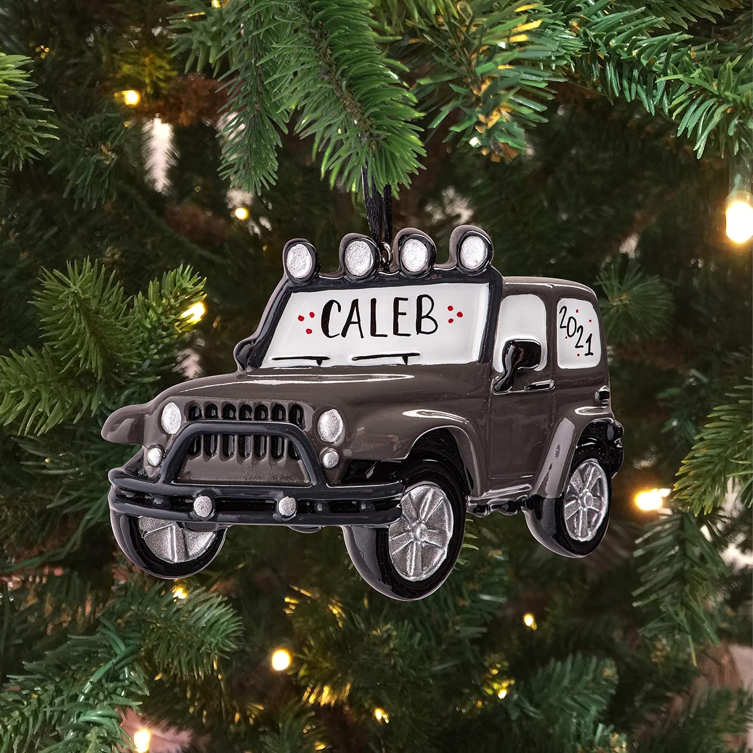Adorno de Navidad personalizado 4 x 4 2023  Personalización gratuita  Vehículo de carreras gris todoterreno Drag Racer JK, SUV safari para árbol de