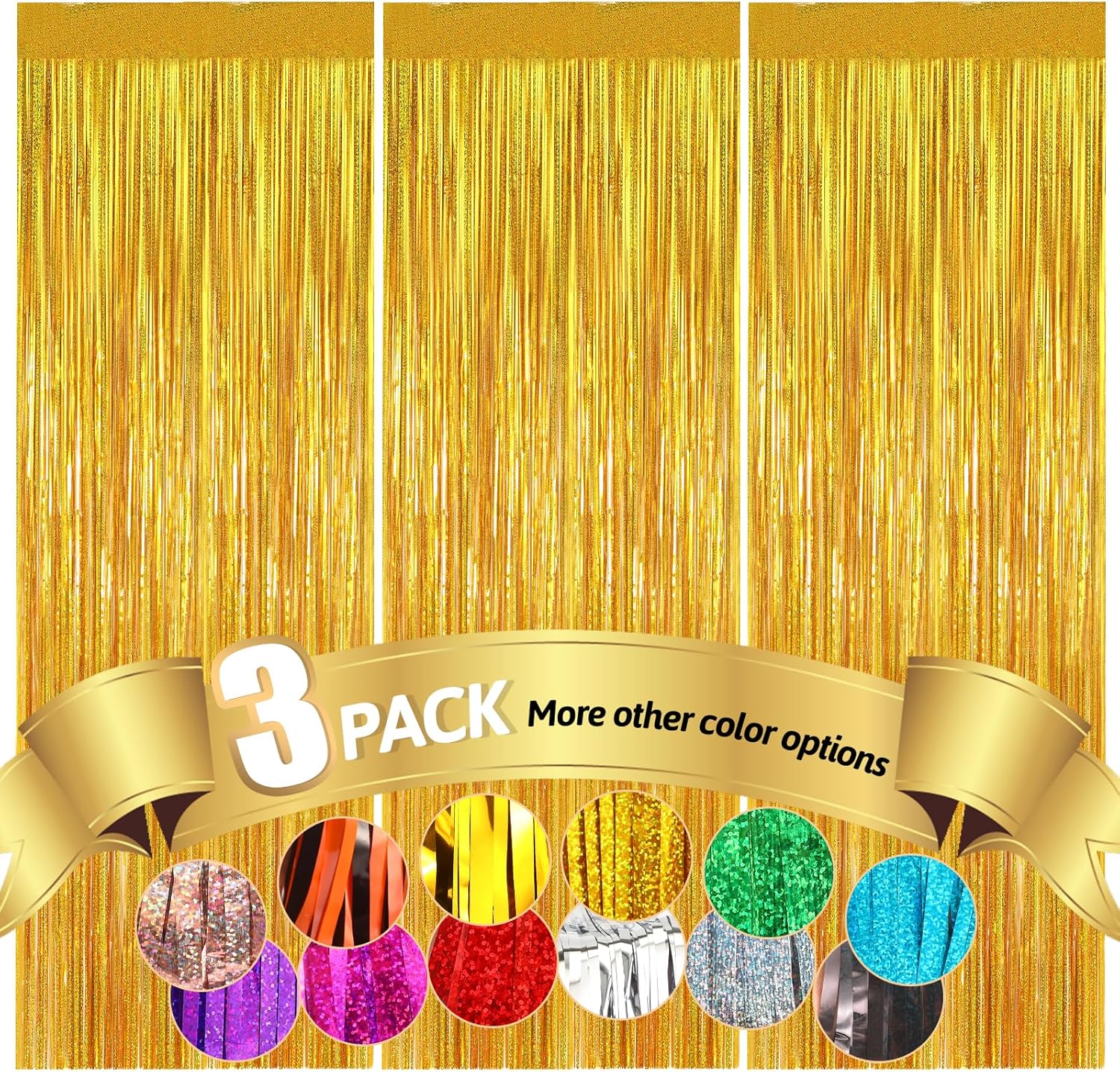 3 cortinas de flecos de oropel dorado brillante de 3.3 x 8.2 pies, serpentinas para cumpleaños, graduación, boda, compromiso, despedida de soltera,