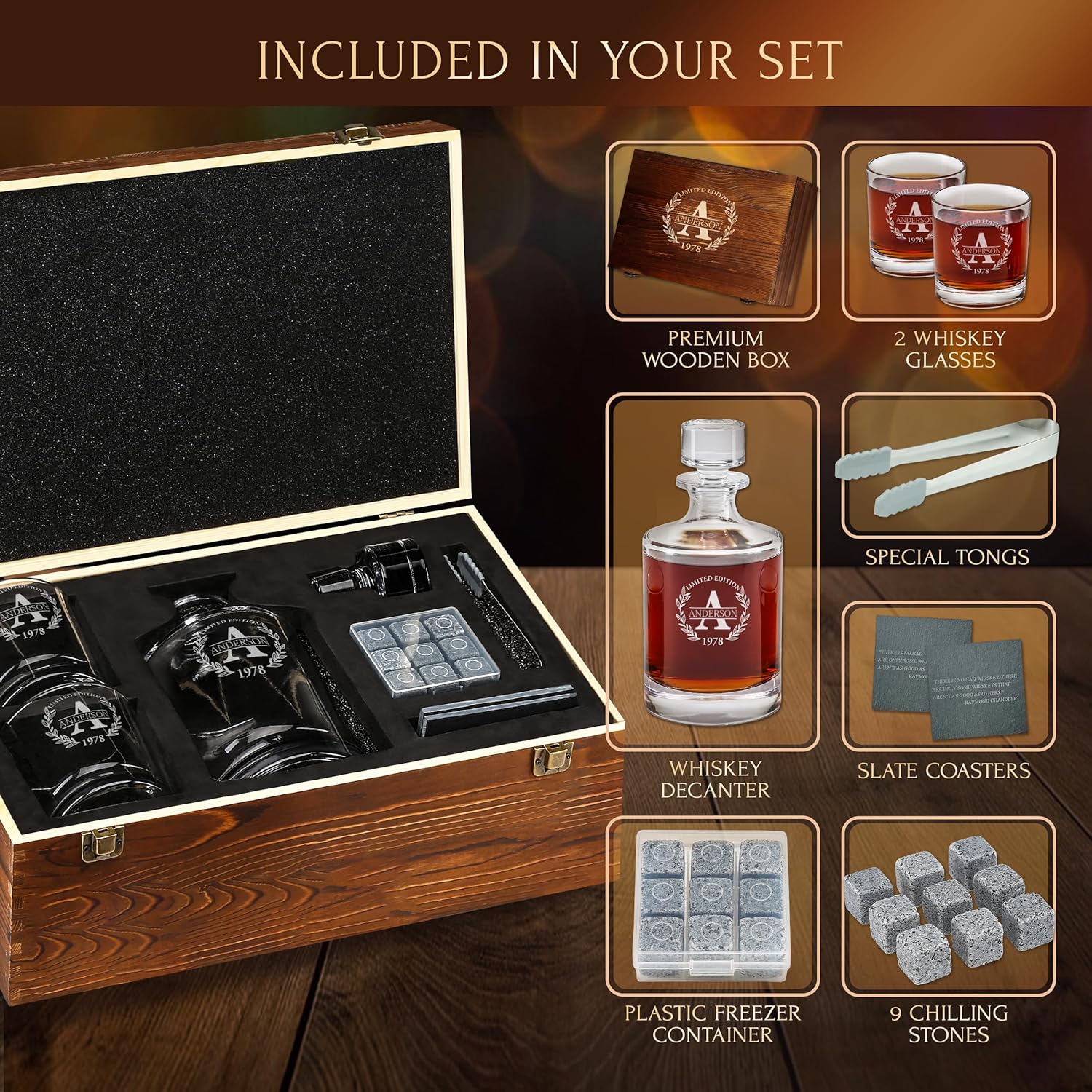 Juego de decantador de whisky personalizado y piedras, regalo personalizado para él, hombres, papá, padre, decantador clásico redondo grabado,