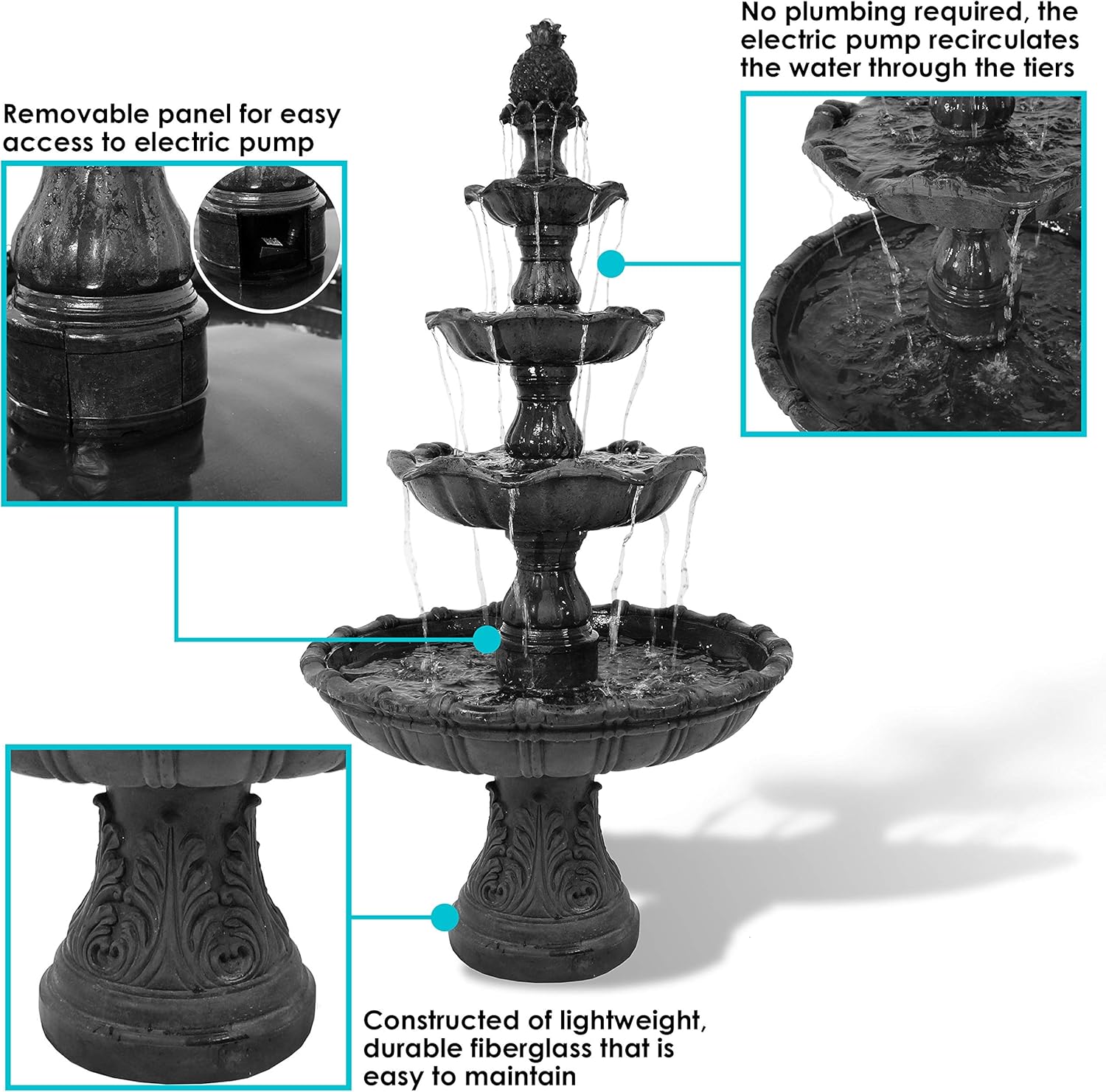 Sunnydaze Grand Courtyard – Fuente de agua para exteriores de 80 pulgadas, 4 niveles, bomba sumergible eléctrica, color negro