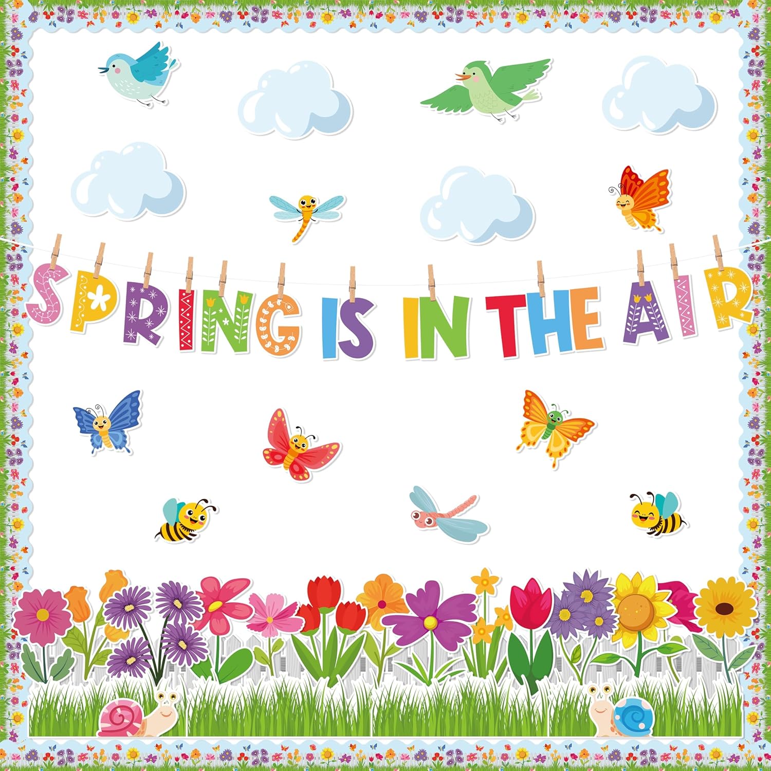 AsodSway 119P Spring is in The Air – Recortes para tablón de anuncios, decoración de aula, flores de primavera, césped, cerca, nube, pájaros,