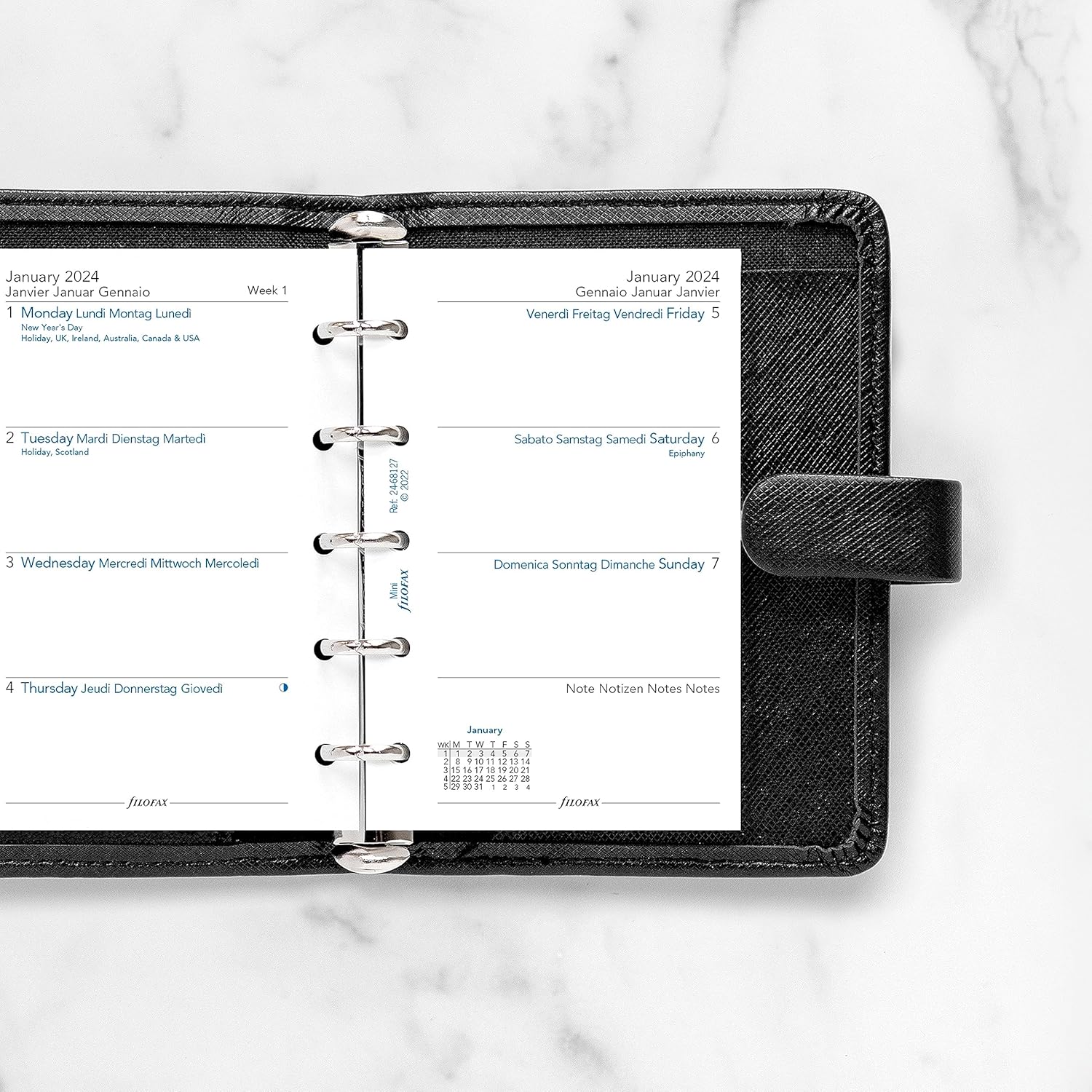 Filofax Recambio de diario de calendario, tamaño mini, semana-a-vista, libro blanco, sin rayas, multilingüe cuatro idiomas, 2024 (C68127-24)