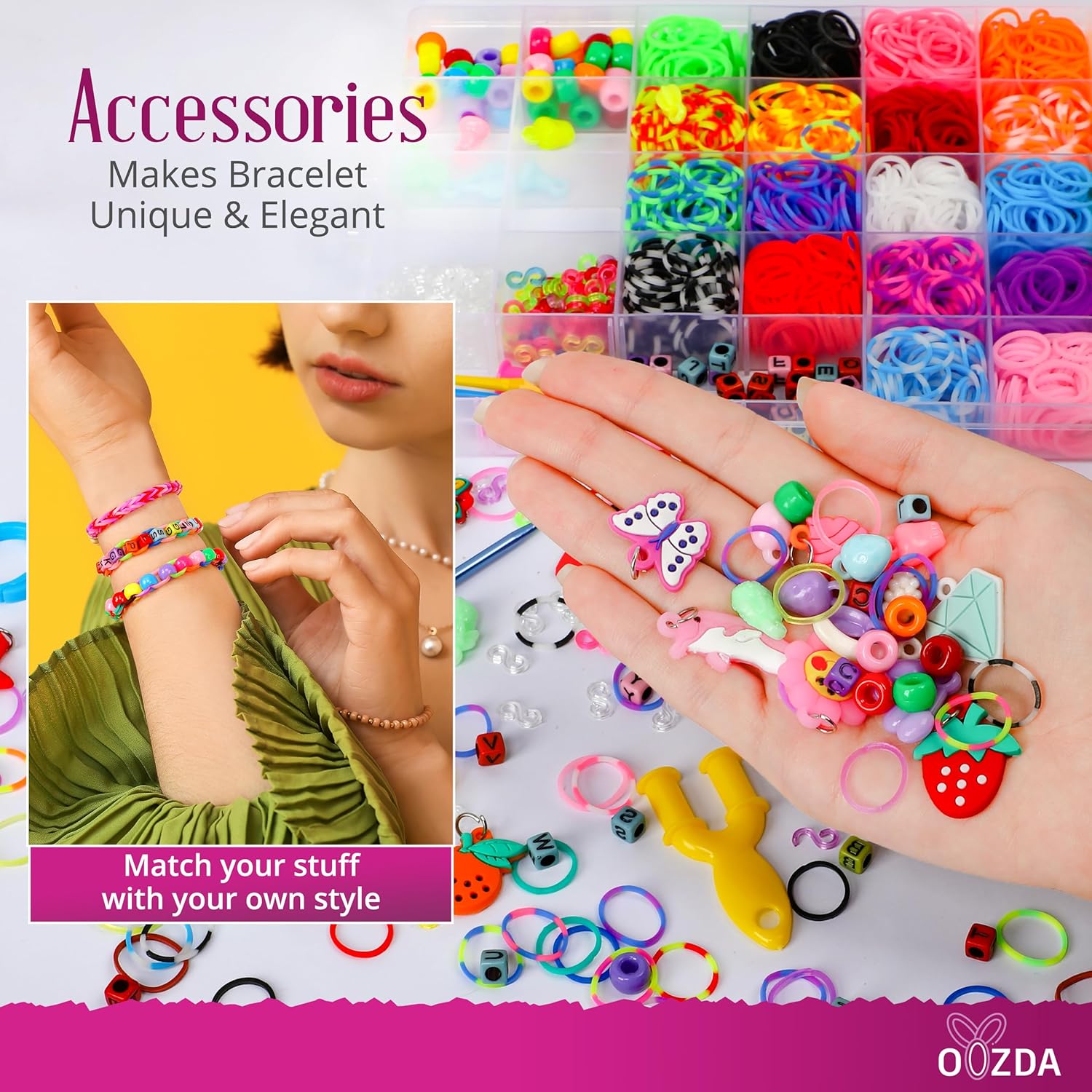 OOZDA Kit de pulsera de banda de goma con un gancho de ganchillo de metal, kit de fabricación de pulseras de telar de 28 colores para niños, kit de