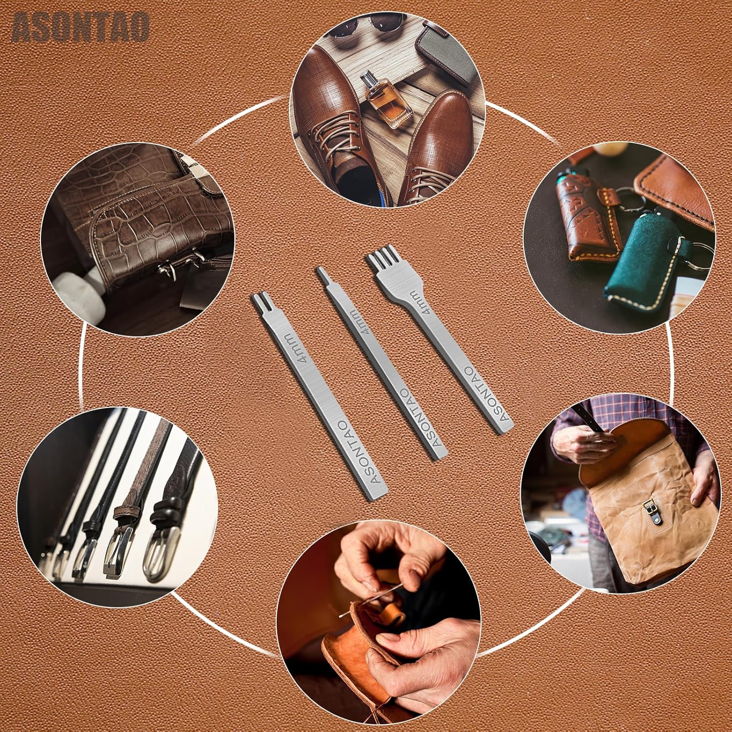 Herramientas de cuero, acero blanco de 0.157 in 124 puntas DIY diamante cordón costura cincel conjunto de kits de artesanía de cuero, punzón de