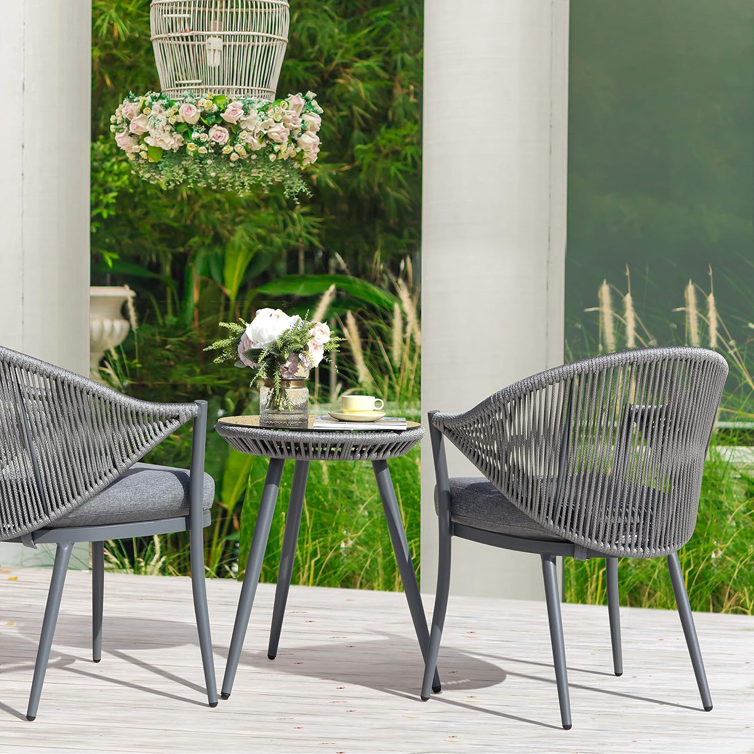 NUU GARDEN Juego de 3 piezas de bistró para exteriores, juego de patio de conversación de cuerda tejida, muebles de aluminio para todo tipo de