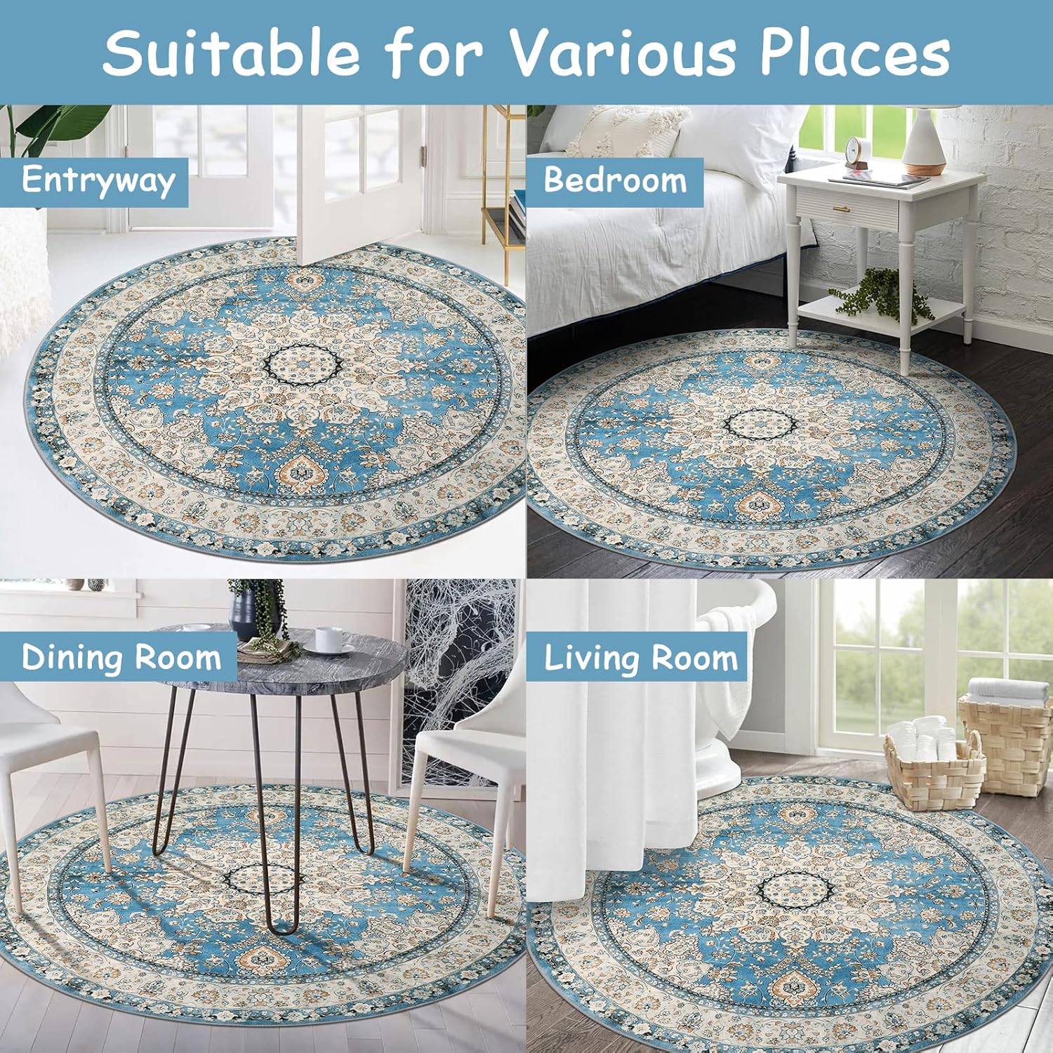 Lahome Alfombra redonda de medallón floral oriental, alfombra redonda pequeña azul de 3 pies, suave, antideslizante, lavable, alfombra de baño,