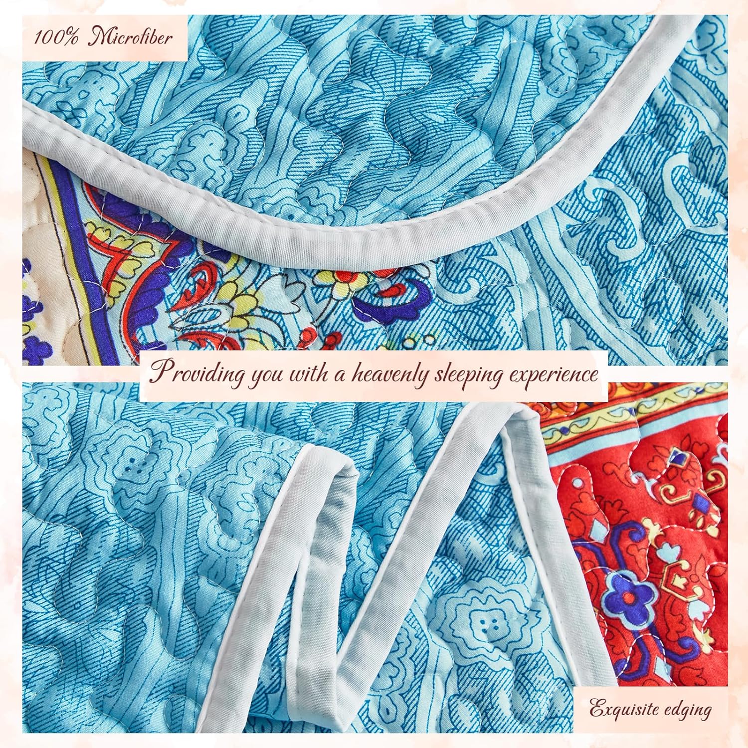 Juego de edredón bohemio colorido de 3 piezas, tamaño matrimonial y queen, juego de ropa de cama con estampado de rayas azules y rojas bohemias para