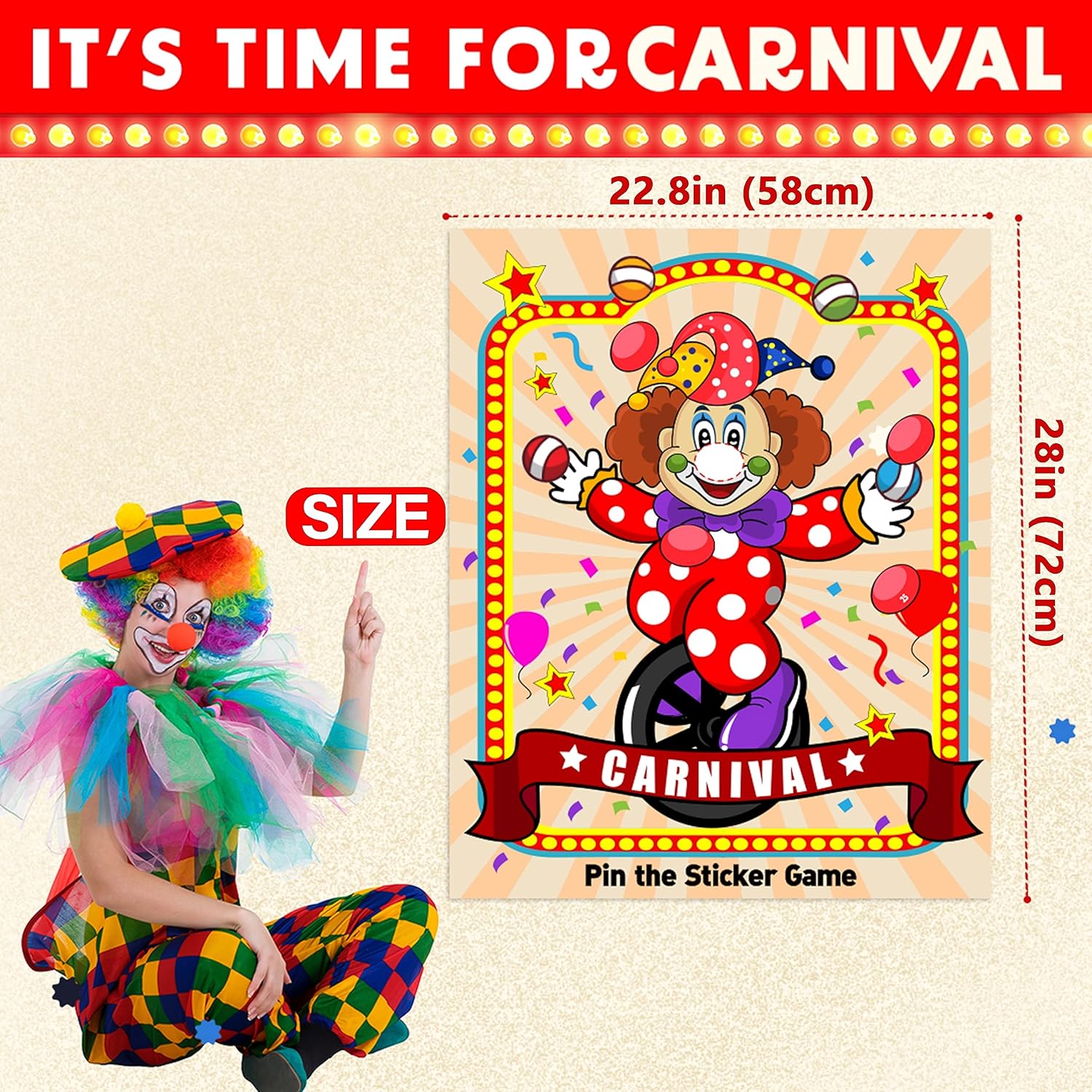 Juegos de fiesta de circo de carnaval para niños, juegos de cola con pegatina de payaso, fiesta de cumpleaños temática de carnaval, decoración de