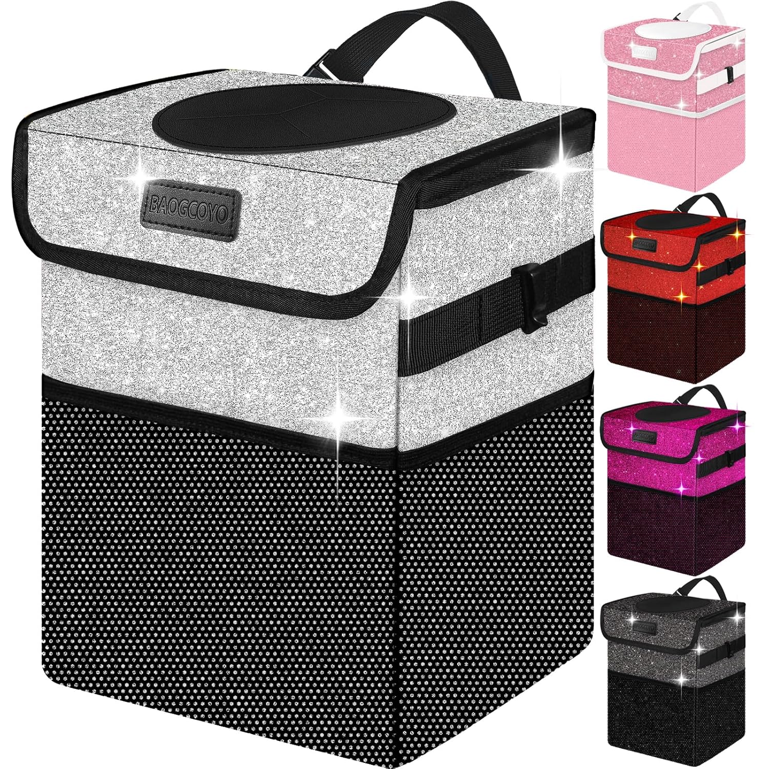 Bote de basura para automóvil, bonita bolsa de basura para automóvil con tapa, cubo de basura con purpurina para colgar para asiento trasero,