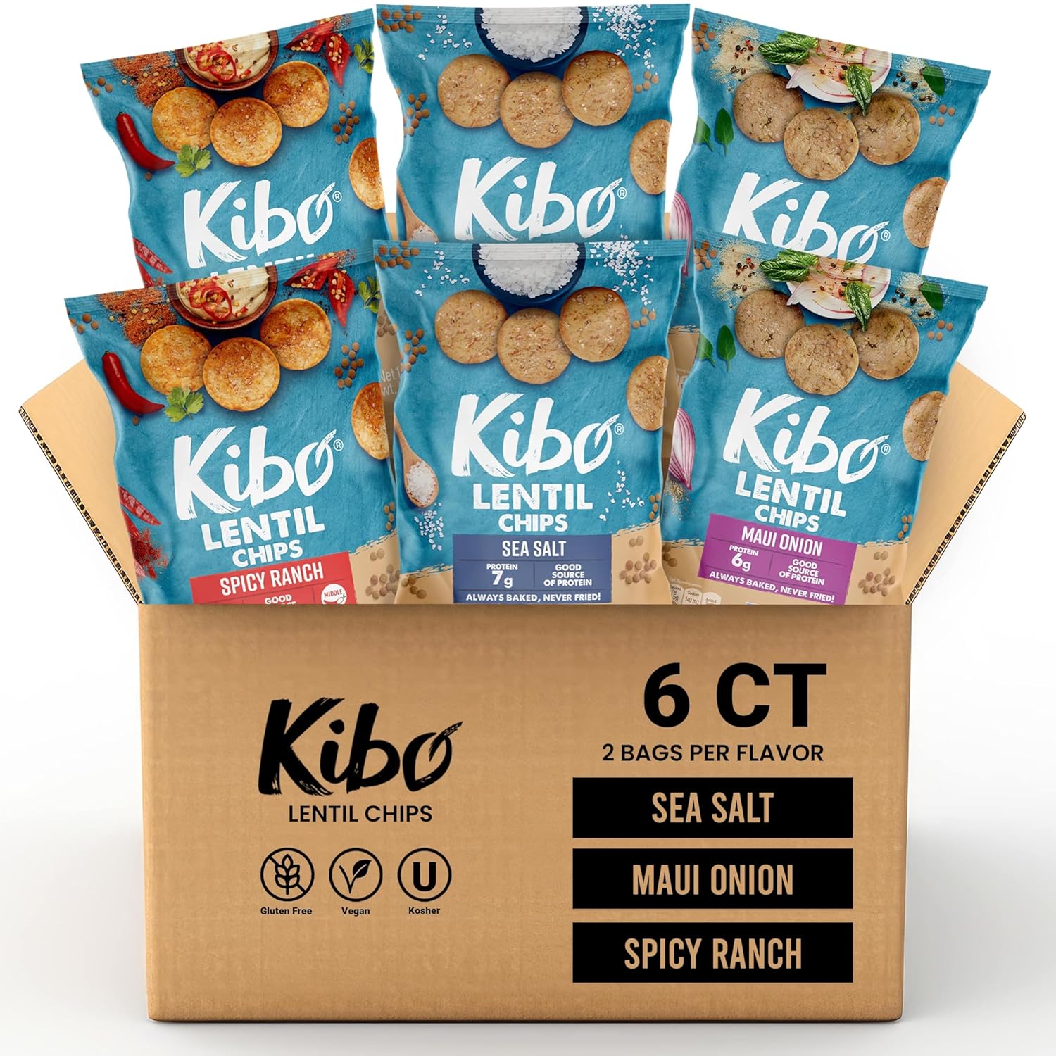 Kibo – Paquete variado de chips de lentejas  Chips veganos sin gluten  Verificado sin OMG  A base de plantas 0.99 oz  Cebolla Maui, sal marina y