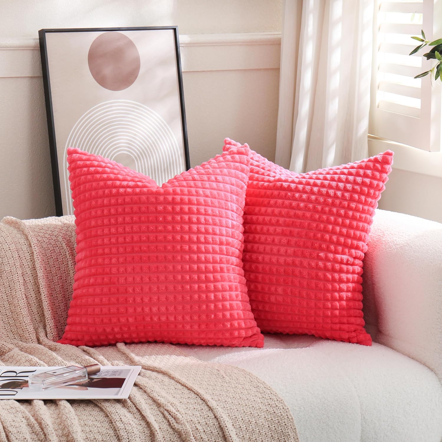 Puncuntex Juego de 2 fundas de almohada decorativas de color rosa intenso de 18 x 18 pulgadas, fundas de almohada de felpa súper suave, esponjosas y
