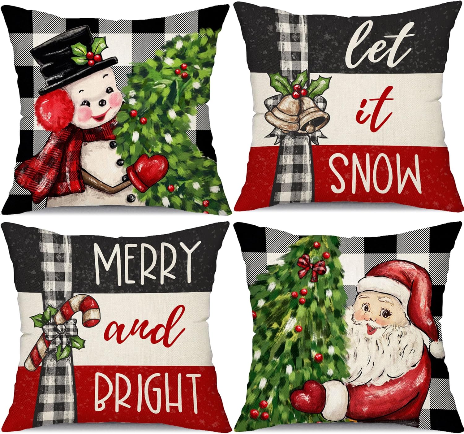 DFXSZ Juego de 4 fundas de almohada de Navidad de 18 x 18 pulgadas, diseño de muñeco de nieve, corona de árbol de Papá Noel, decoración de invierno
