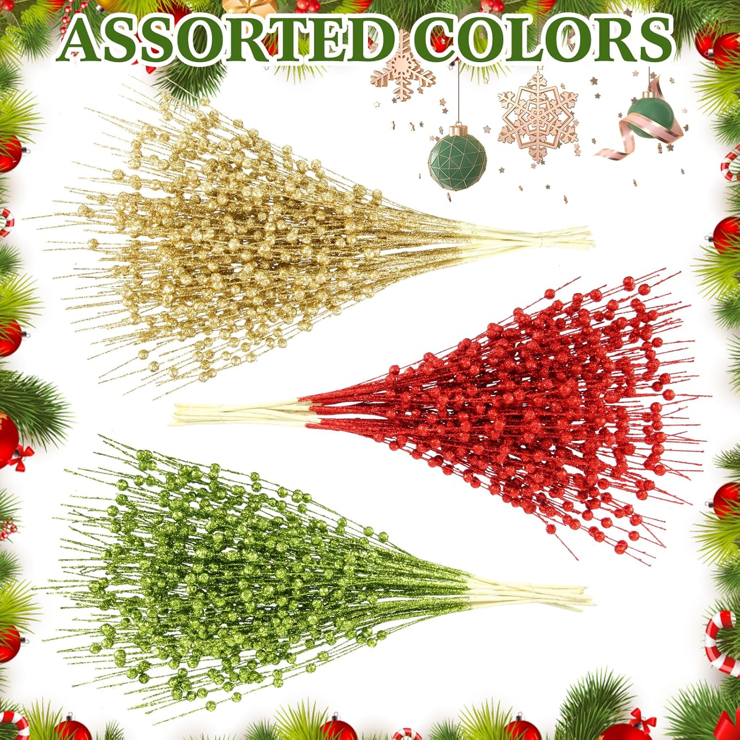 36 paquetes de adornos de tallo de bayas de Navidad de 16.9 pulgadas, tallos de Navidad artificiales decorativos con purpurina para jarrón de árbol