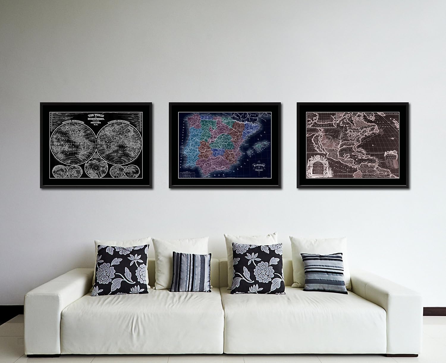 Spain Portugal Old Vivid Color Map 39057 Print on Canvas with Picture Framed Urban Wall Home Décor Interior Bedroom Art Gift Ideas – Black 16″ x 21″