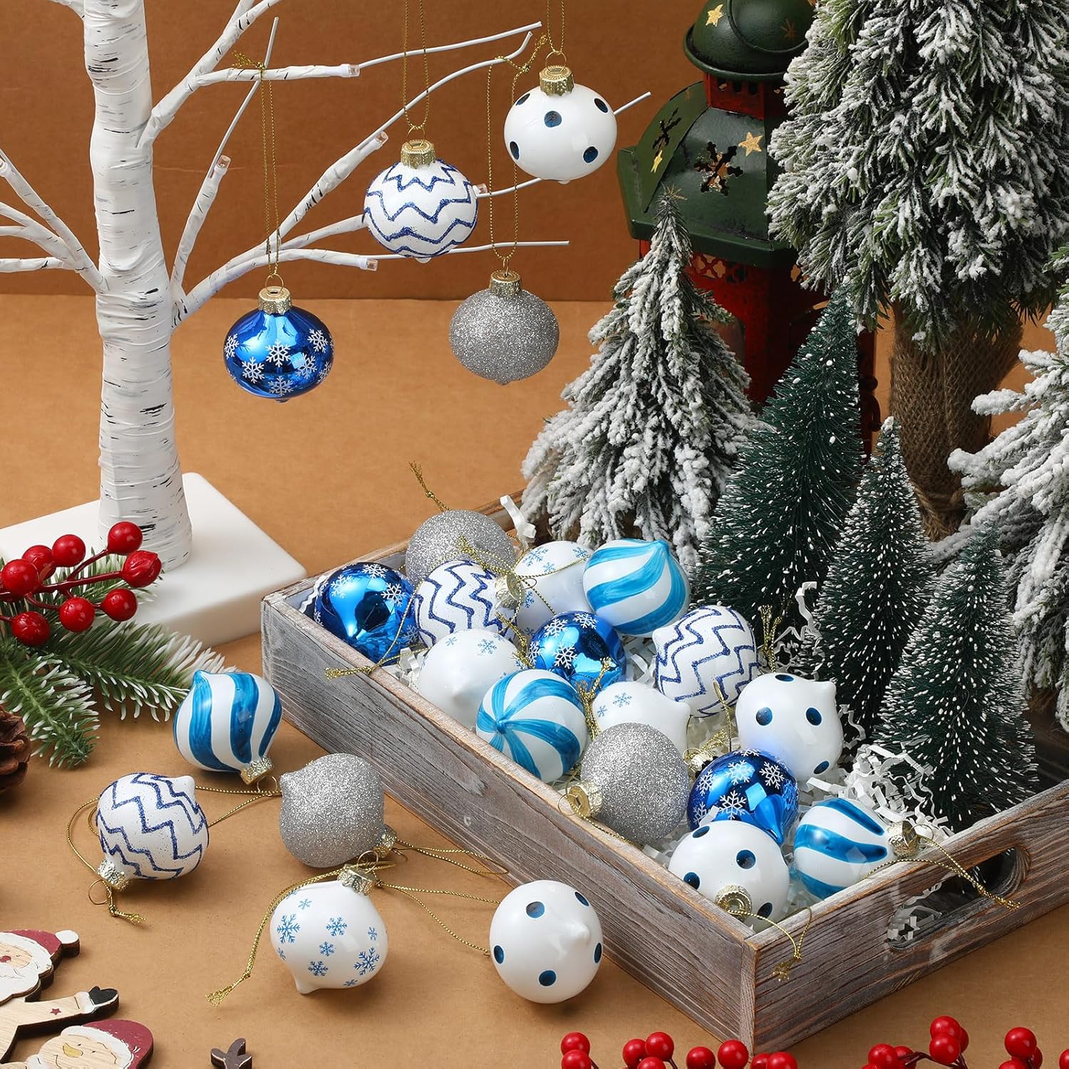 24 adornos colgantes de caramelo de menta navideña, bolas de vidrio, copos de nieve de Navidad, puntos de nieve, rayas, decoración de blanco, rojo,