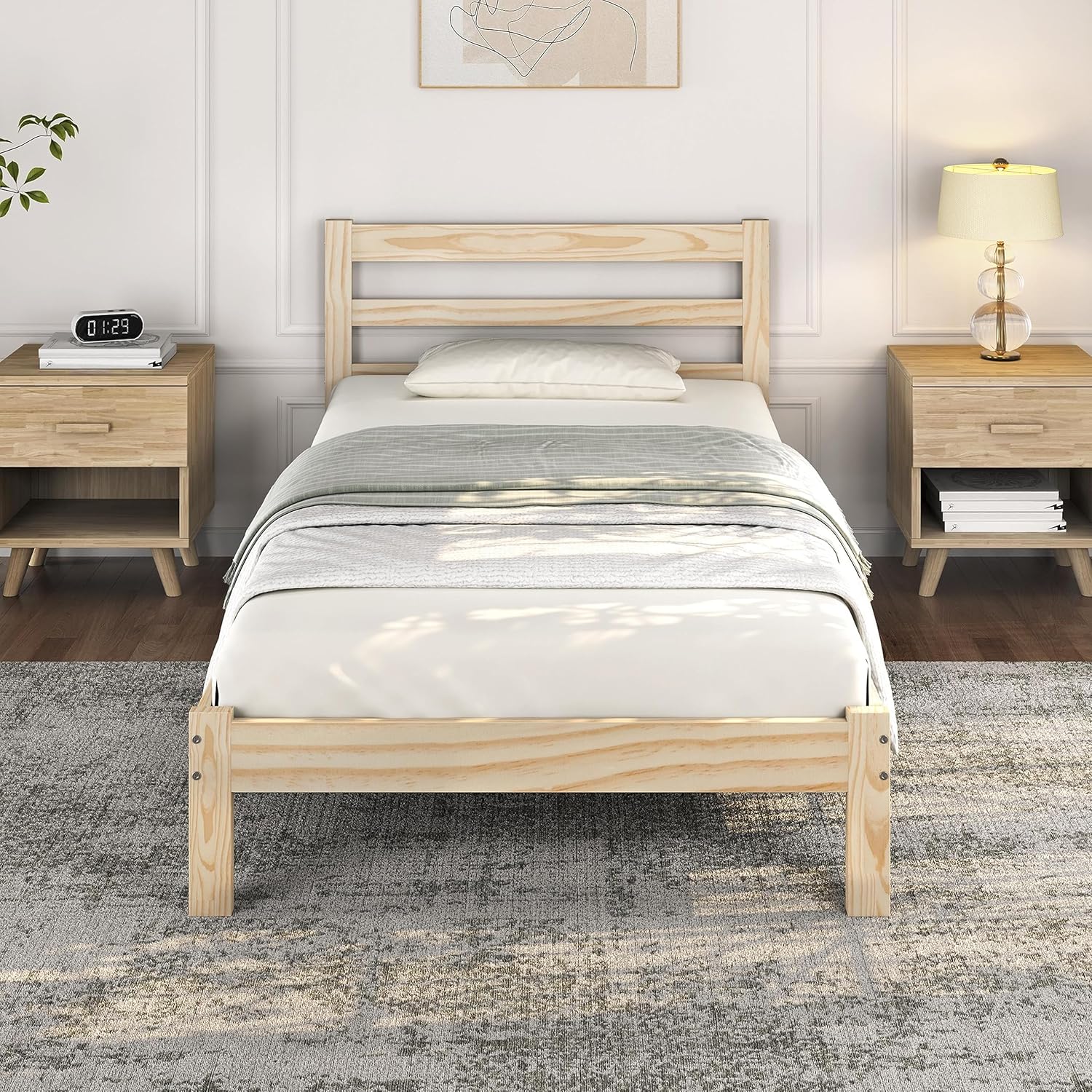Yaheetech Base de cama individual con plataforma de madera de pino macizo con cabecero con paneles, estilo Wicklow, soporte de listones de madera,