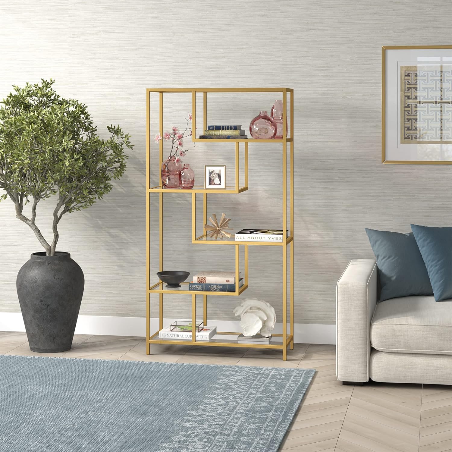 Isla – Estantería rectangular de 68 pulgadas de alto, color dorado