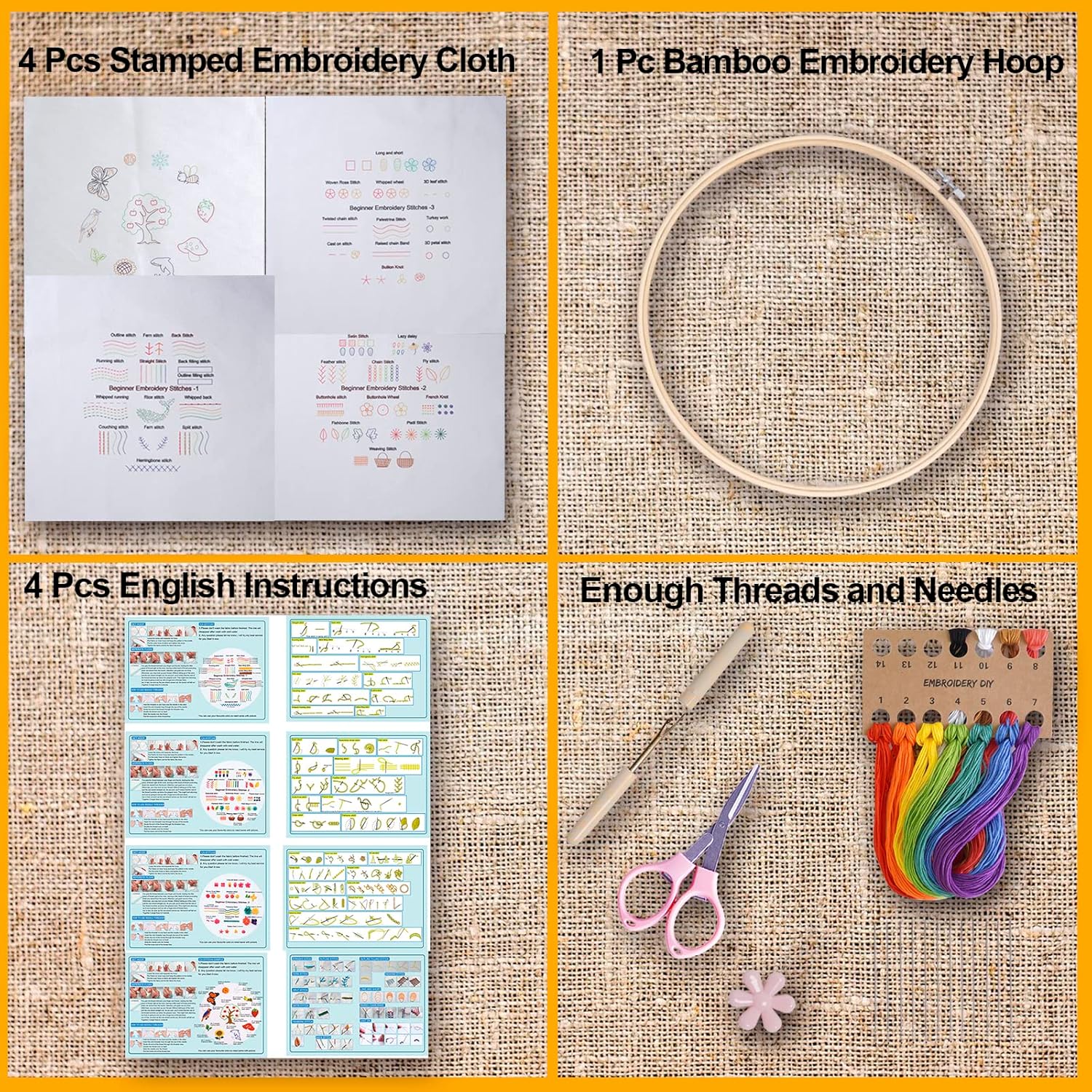 Fanryn Kit de práctica de punto de bordado para principiantes, juego de 4 con patrones de bordado, kit de bordado a mano para niños y adultos