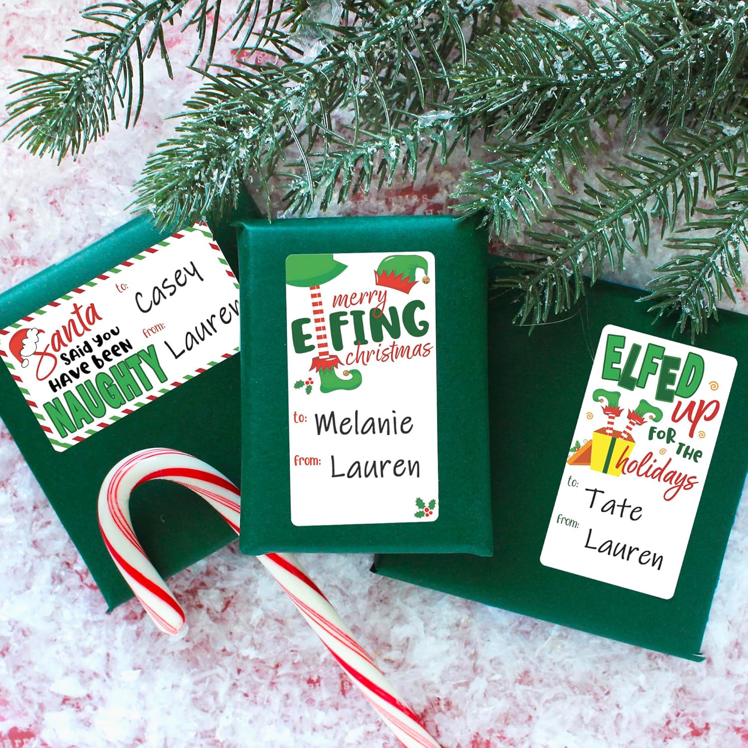 Divertidas etiquetas adhesivas de regalo de Navidad, 75 etiquetas, etiquetas de regalo de elfo navideño