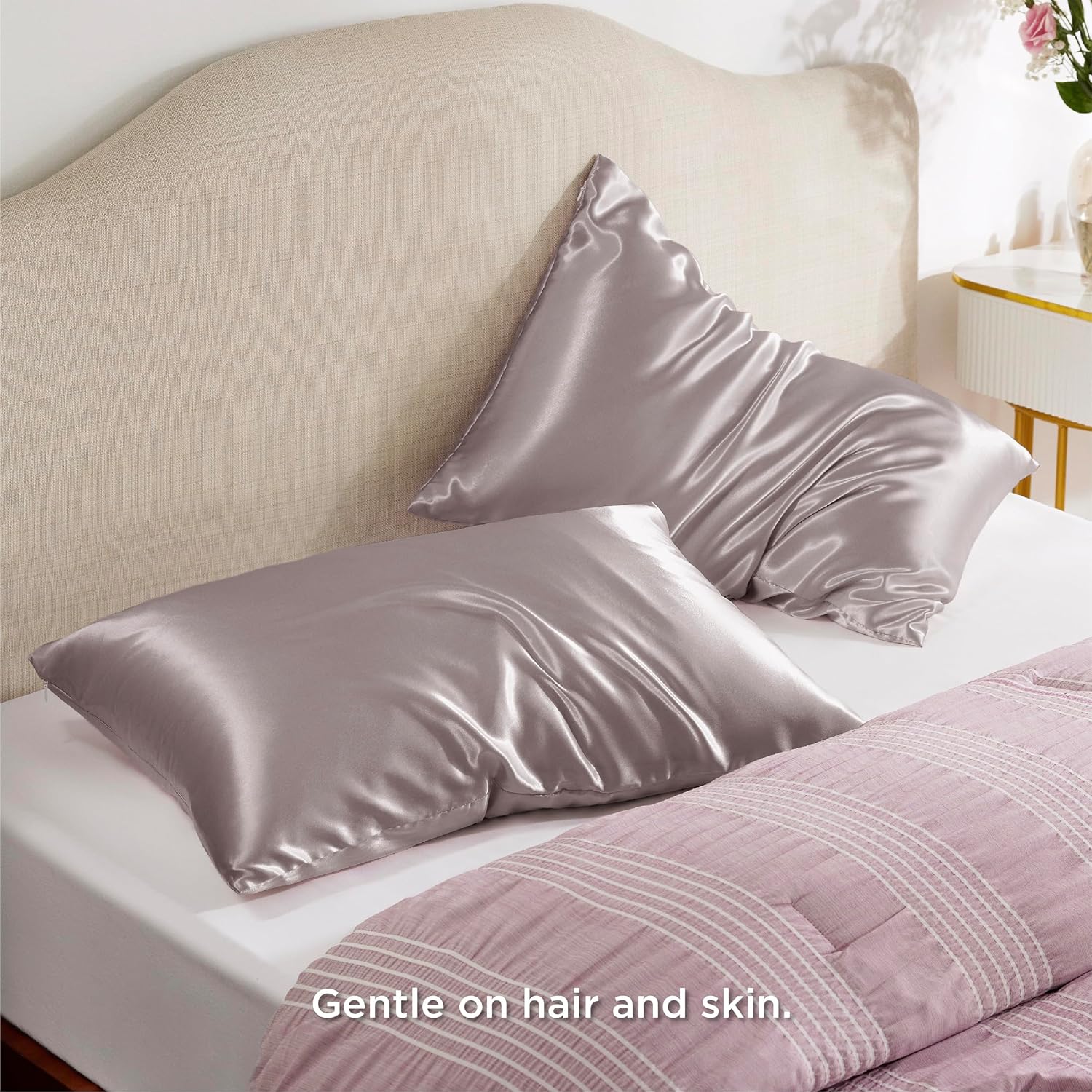 Bedsure Funda de almohada de satén para el cabello, fundas de almohada de satén color rosa polvoriento, tamaño estándar con cremallera 2, similar a