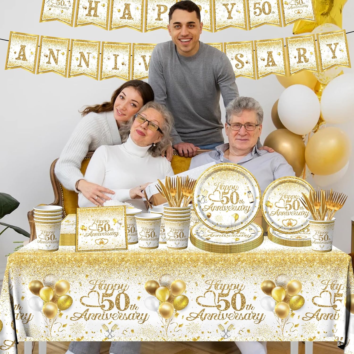 Dydamud Decoraciones de aniversario de boda, el juego de vajilla de feliz aniversario del 50 aniversario incluye platos y servilletas con purpurina