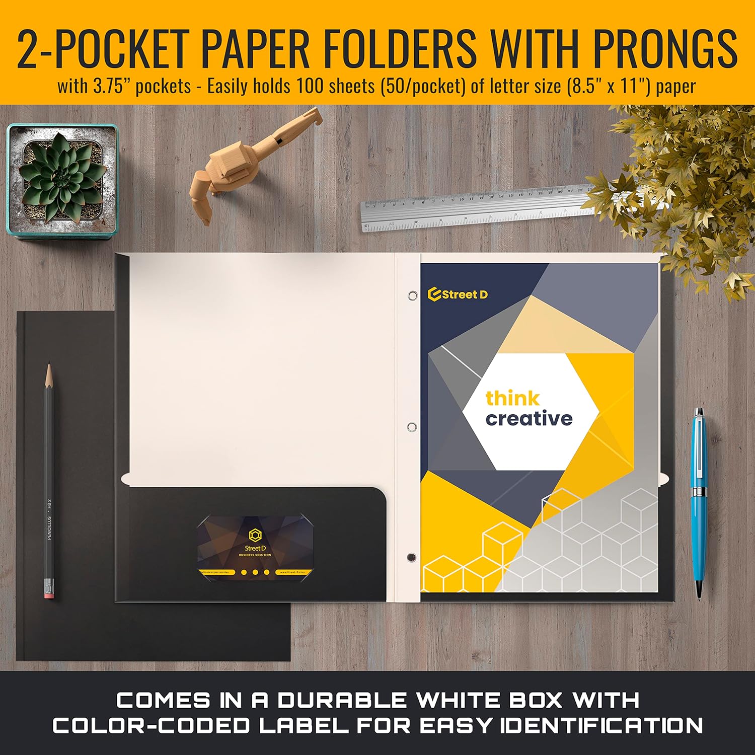Better Office Products Carpetas de papel negro de 2 bolsillos con puntas, paquete de 50, textura mate, carpetas de papel tamaño carta, paquete de