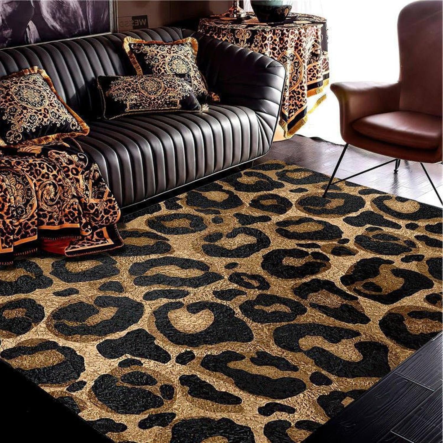 Alfombra moderna con estampado de leopardo nórdico, alfombra grande color negro y marrón, de pelo bajo, antideslizante, apta para mascotas, fácil de