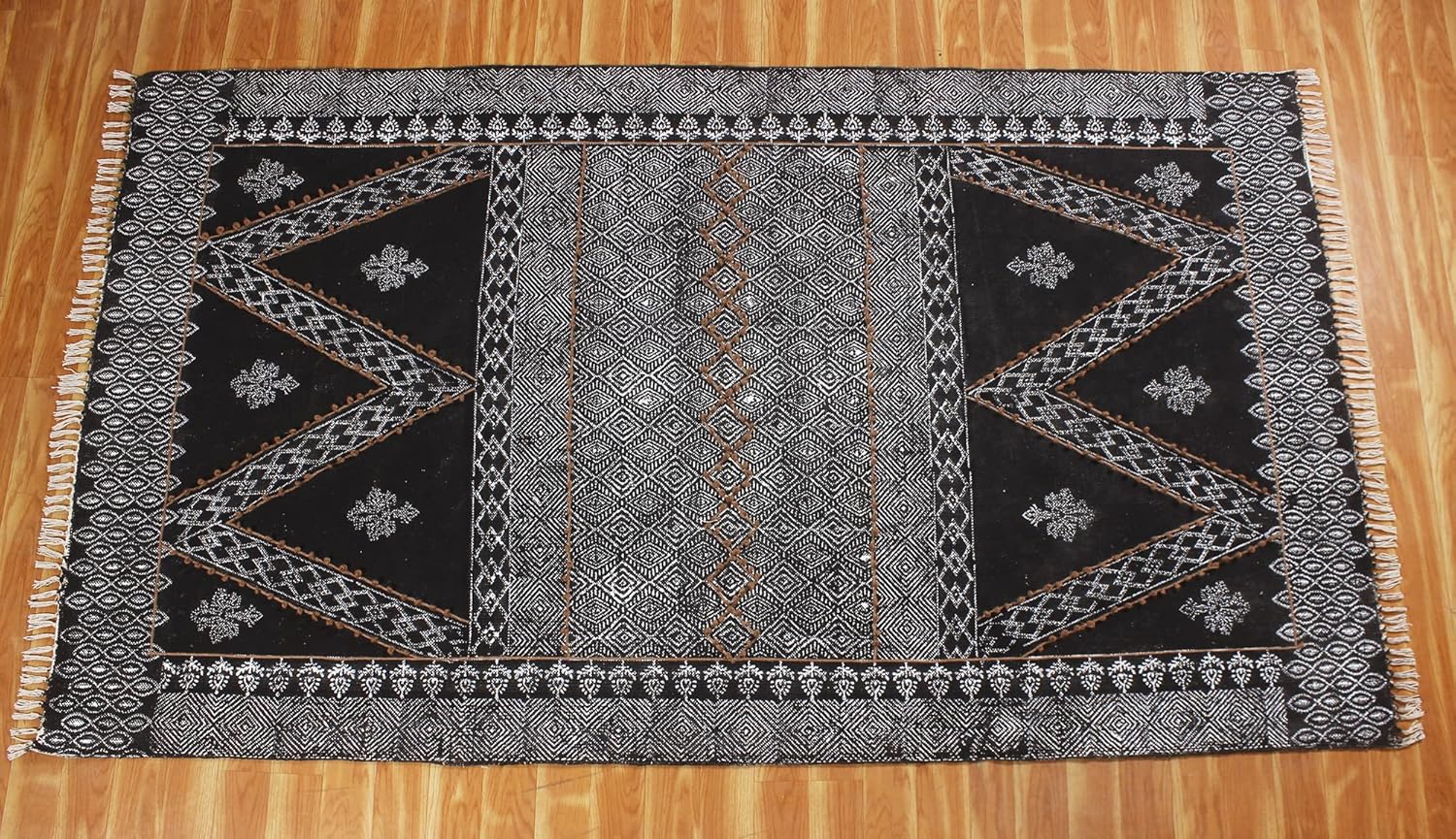 CASAVANI Collection – Alfombra cuadrada de 9 x 9 pies, alfombra geométrica Kilim Dhurrie de algodón negro, alfombra de uso para interiores y