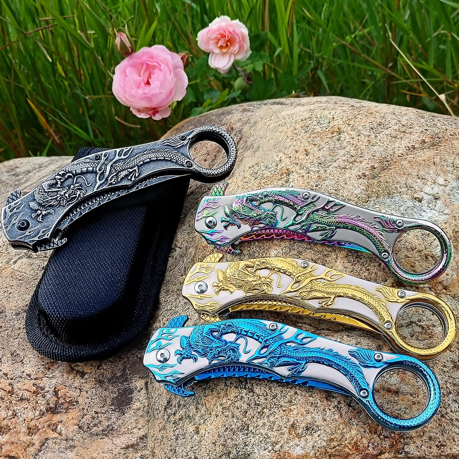 Cuchillo de bolsillo, 9Cr18Mo BLADE Cuchillo plegable de bolsillo con funda, genial cuchillo EDC de dragón 3D, gran cuchillo de bolsillo de regalo
