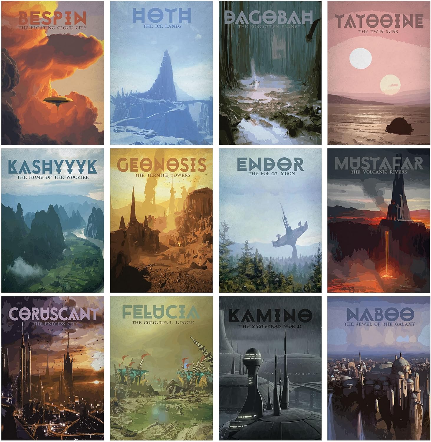 Paquete de 12 pósteres de película de estrellas estilo viaje de 8 x 12 pulgadas, póster espacial de cartón, arte de pared para sala de estar de