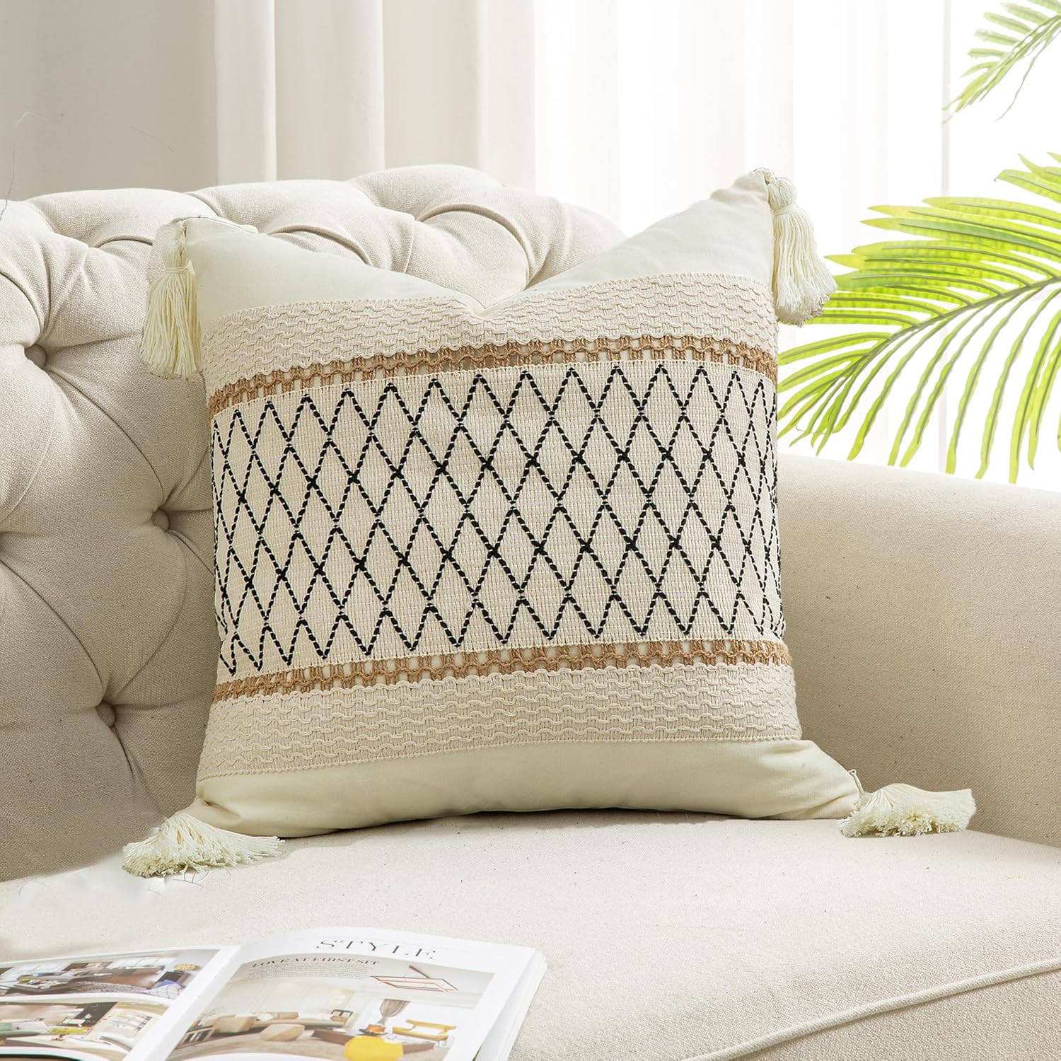 Fundas de almohada de 16 x 16 pulgadas con borlas para sala de estar, algodón y arpillera con textura a rayas, fundas de almohada bohemias (cuadros