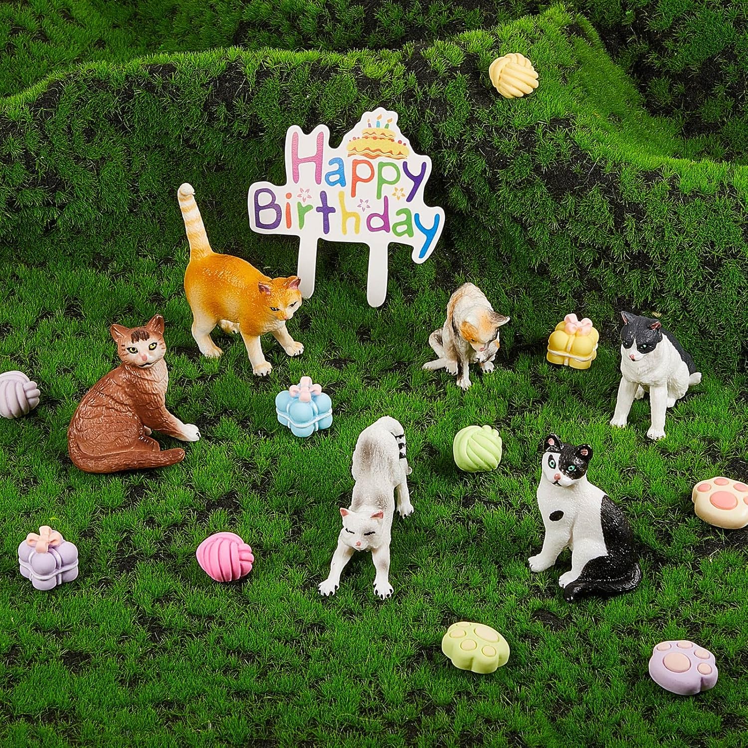 26 piezas de decoración de pastel de gato, lindas figuras de gato, feliz cumpleaños, decoración de pastel de pata de gato, decoración de fiesta de