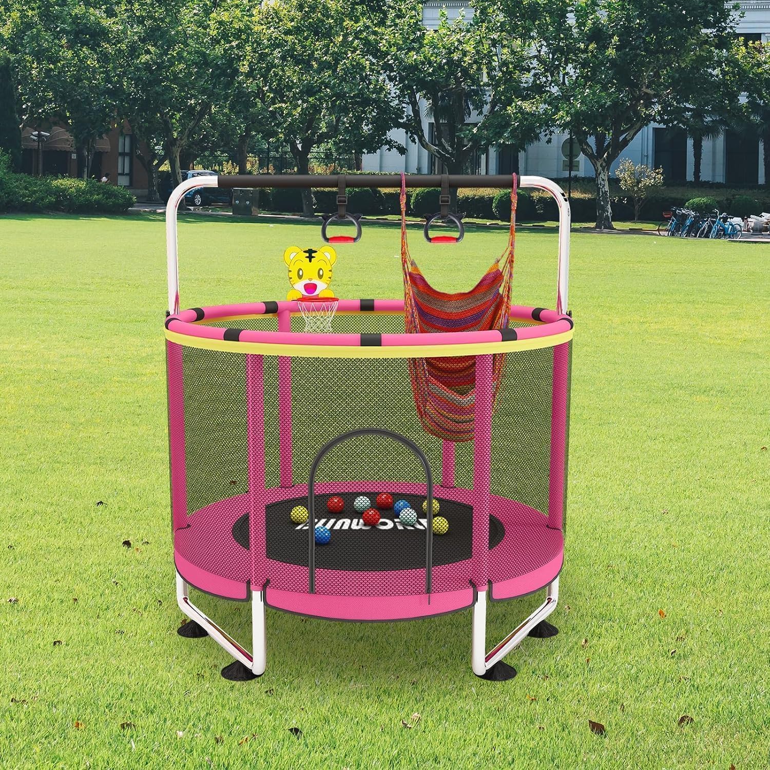 Trampolín para niños, cama elástica ajustable para bebés con aro de baloncesto, 440 libras para interiores y exteriores, trampolín para niños