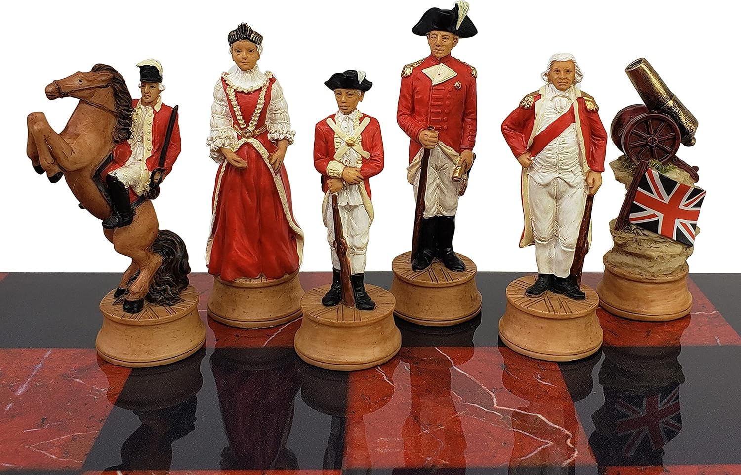 Juego de ajedrez de guerra de independencia revolucionaria americana con tablero de mármol sintético negro y rojo de 16 pulgadas
