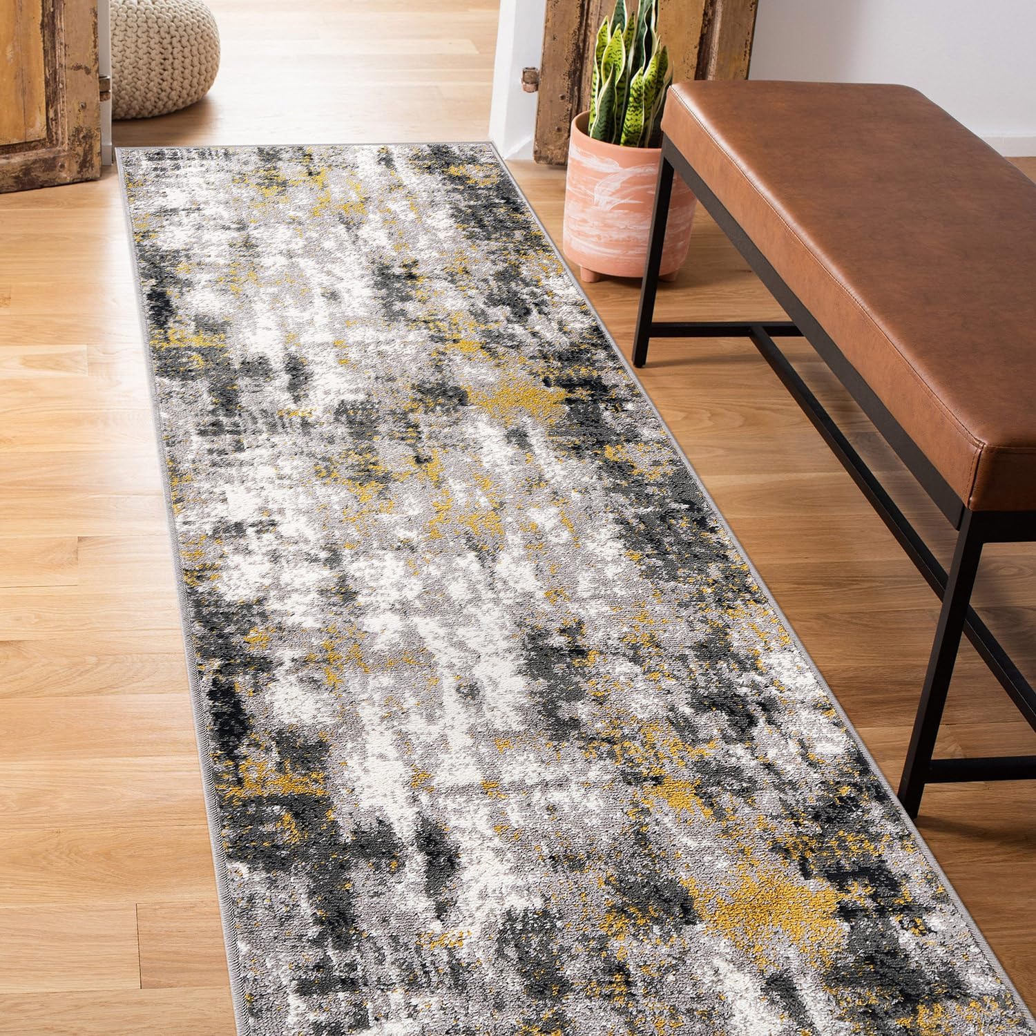 Rugshop Tralee – Alfombra abstracta moderna resistente a las manchas, 2 x 7 pies, color amarillo