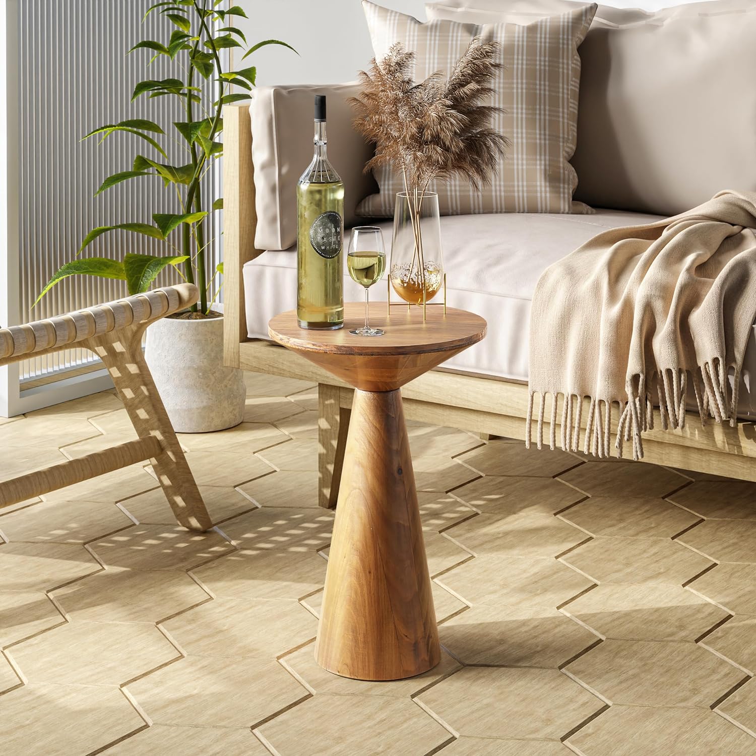 Mesa auxiliar de pedestal pequeña, redonda de granja, mesa de martini, soporte de madera para plantas, mesa rústica para bebidas para espacios