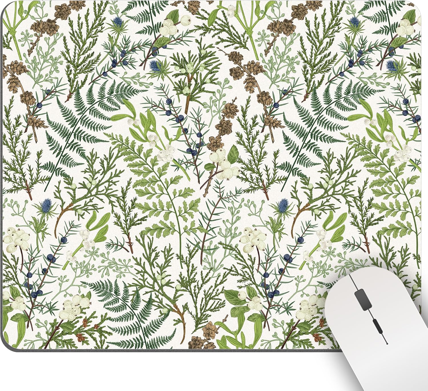 Alfombrilla de mouse floral verde, alfombrilla de mouse cuadrada con plantas botánicas vintage, lindas, lavables, de naturaleza, estética, hierba,