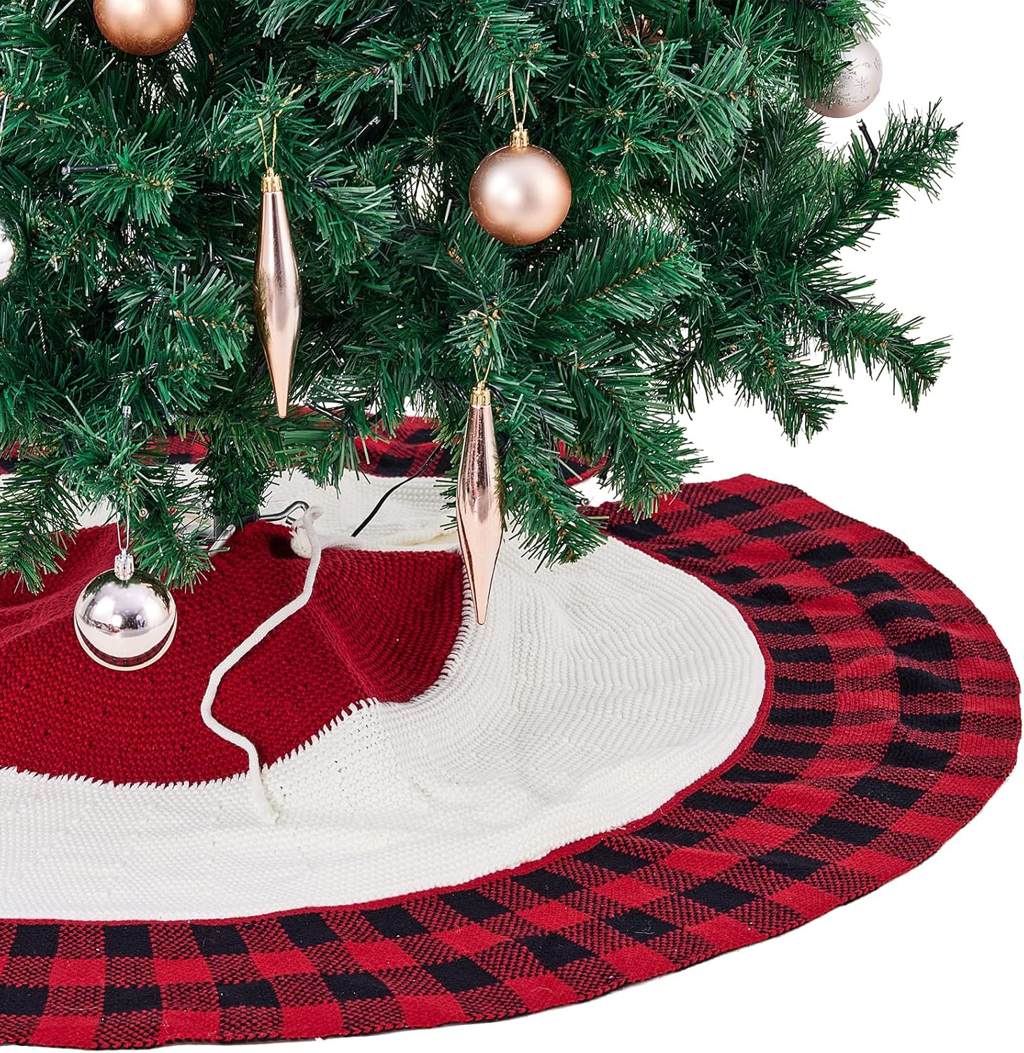 Falda de árbol de Navidad, 47 pulgadas, falda de árbol rojo de punto con cordones para decoraciones rústicas de Navidad, cuadros