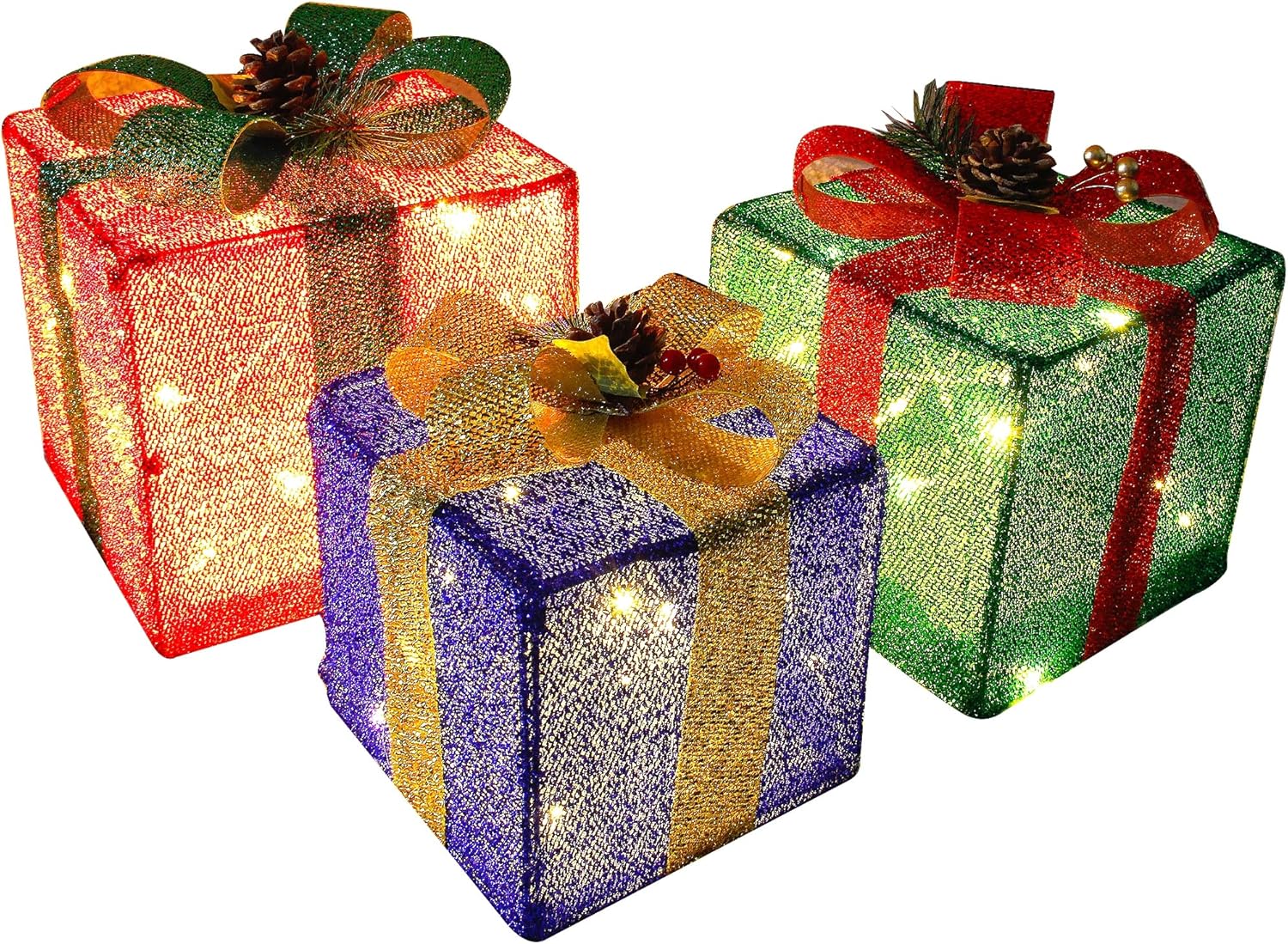 Twinkle Star Juego de 3 cajas de regalo de Navidad iluminadas, caja de regalo de oropel, 60 luces LED preiluminadas, adorno de falda de árbol,