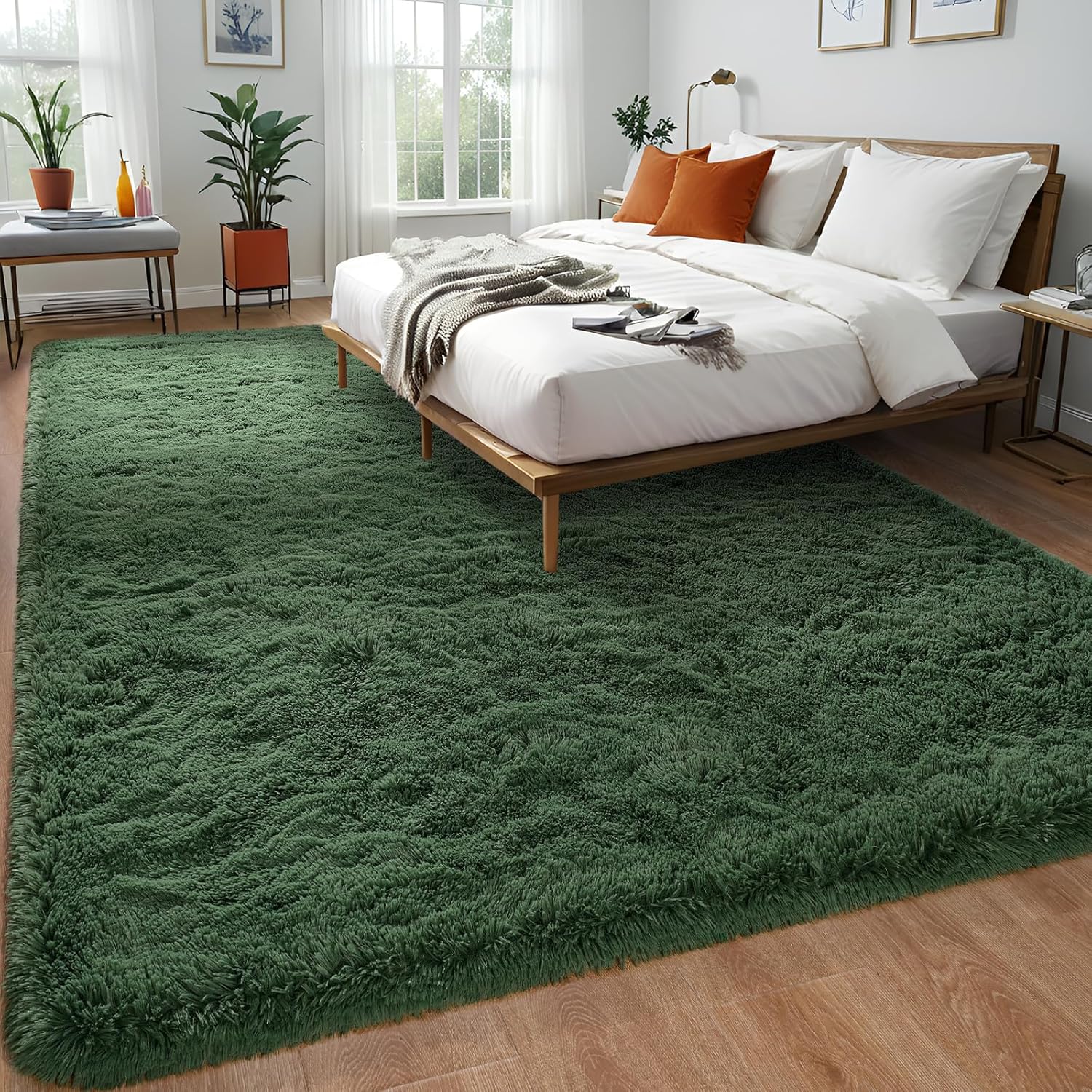 Alfombras de área de color verde oscuro, alfombra mullida para dormitorio, sala de estar, alfombras peludas de interior de 5 x 8 pies, alfombra