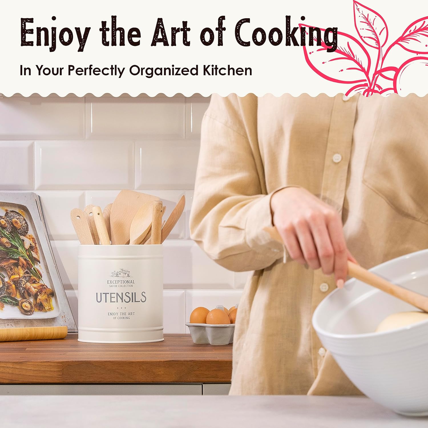 Soporte para utensilios de cocina para encimera, soporte para utensilios de cocina extra grande de 7.1 pulgadas, organizador de utensilios y soporte